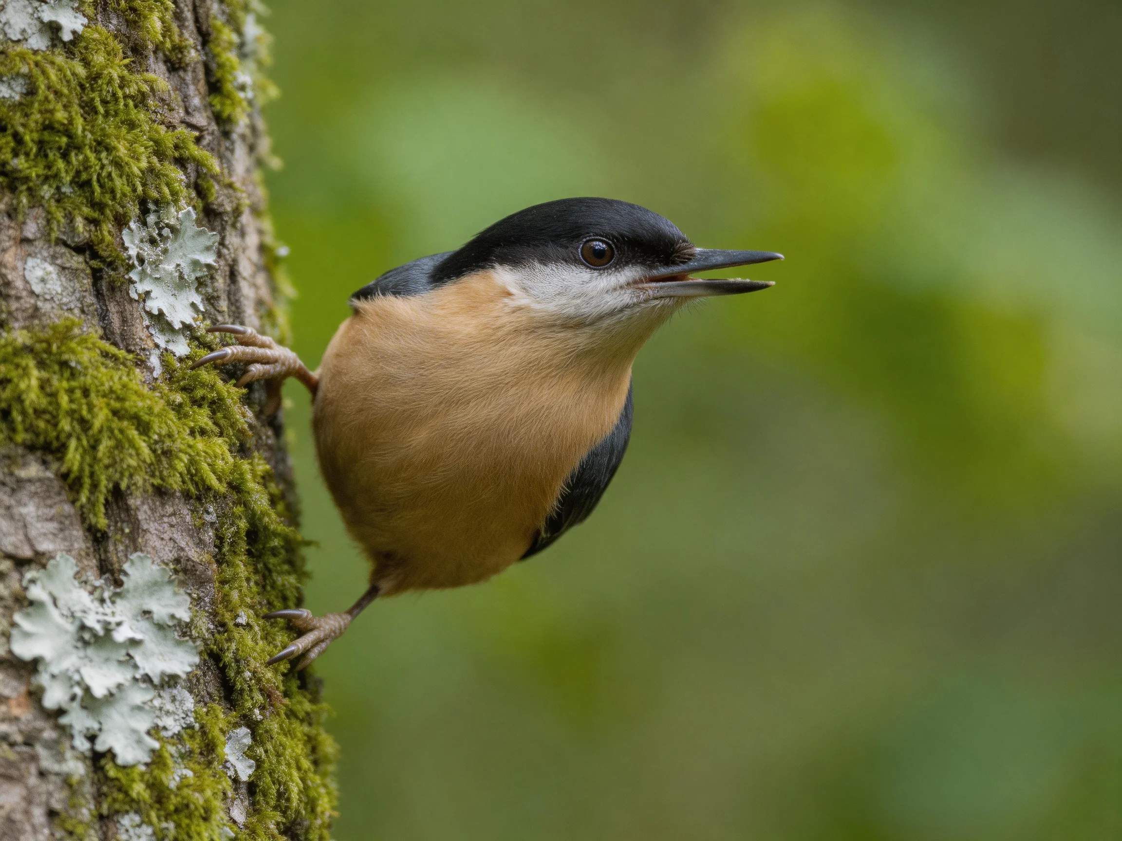 A small brown and black bird clings to a moss-covered tree trunk