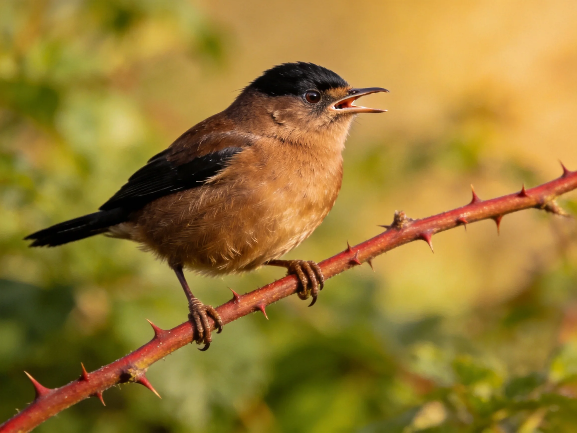 A small brown and black bird perched on a spiky red branch
