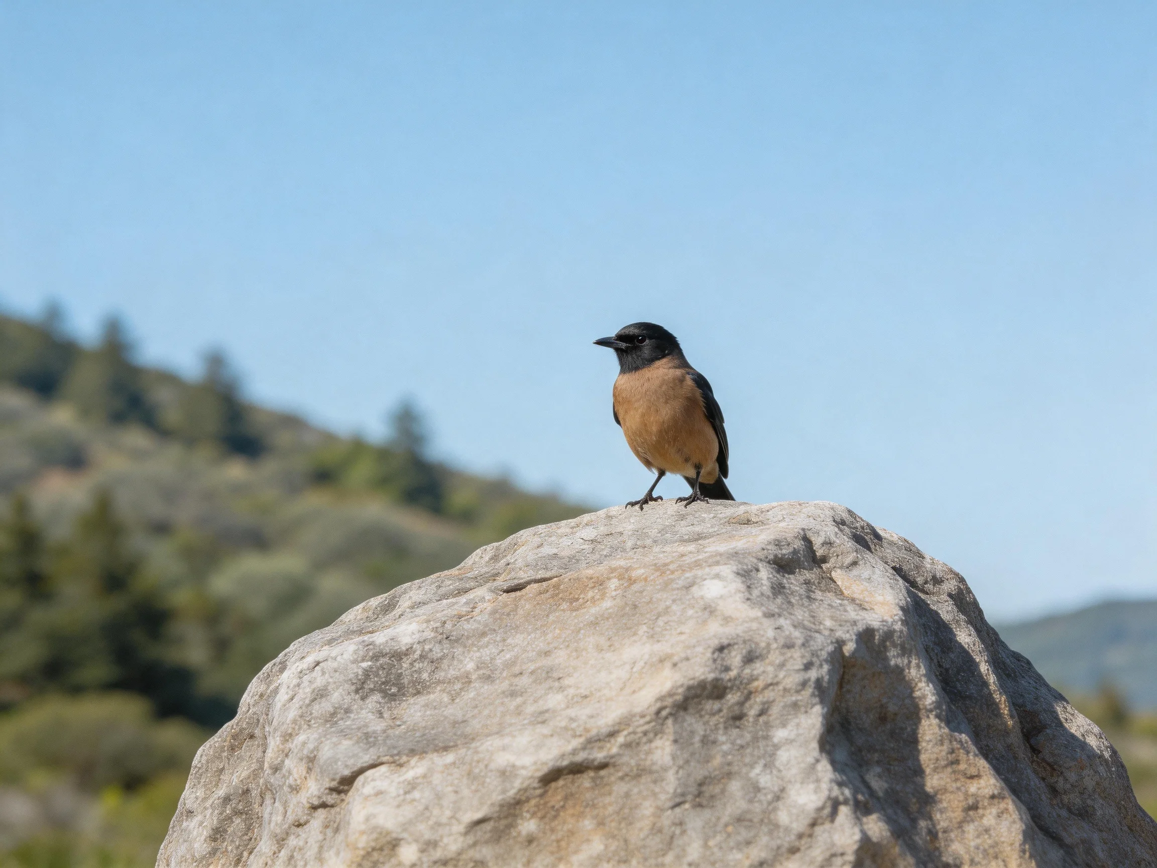 A small brown and black bird perches atop a large gray rock