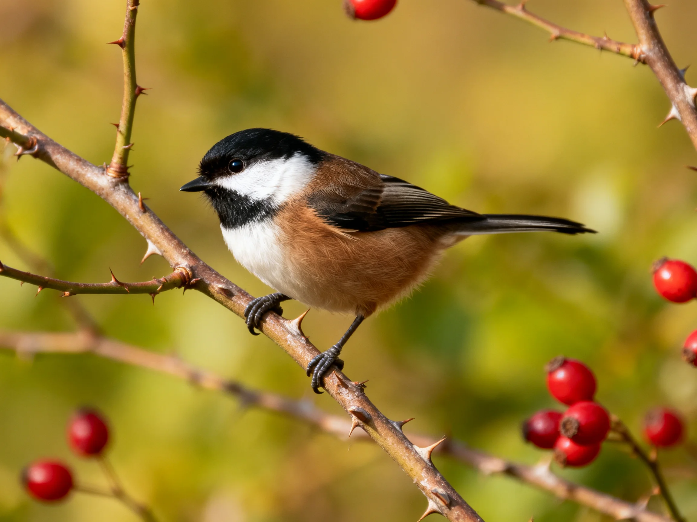 A small brown and black bird perches on a thorny branch with red berries