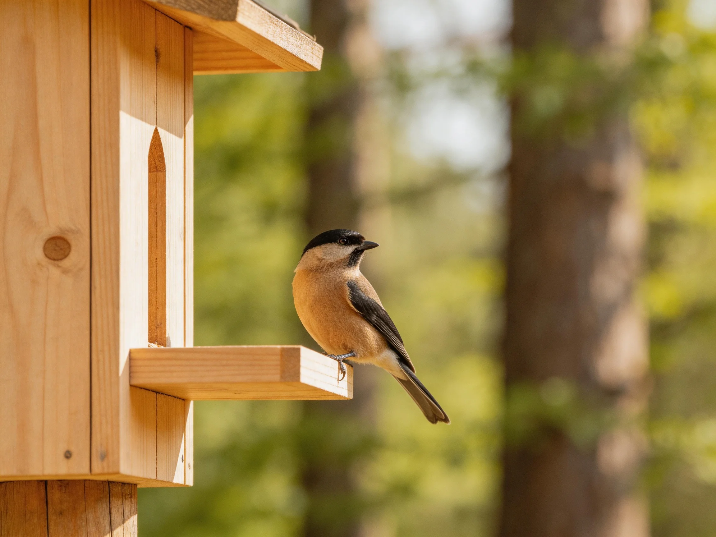 A small brown and black bird perches on a wooden bird feeder