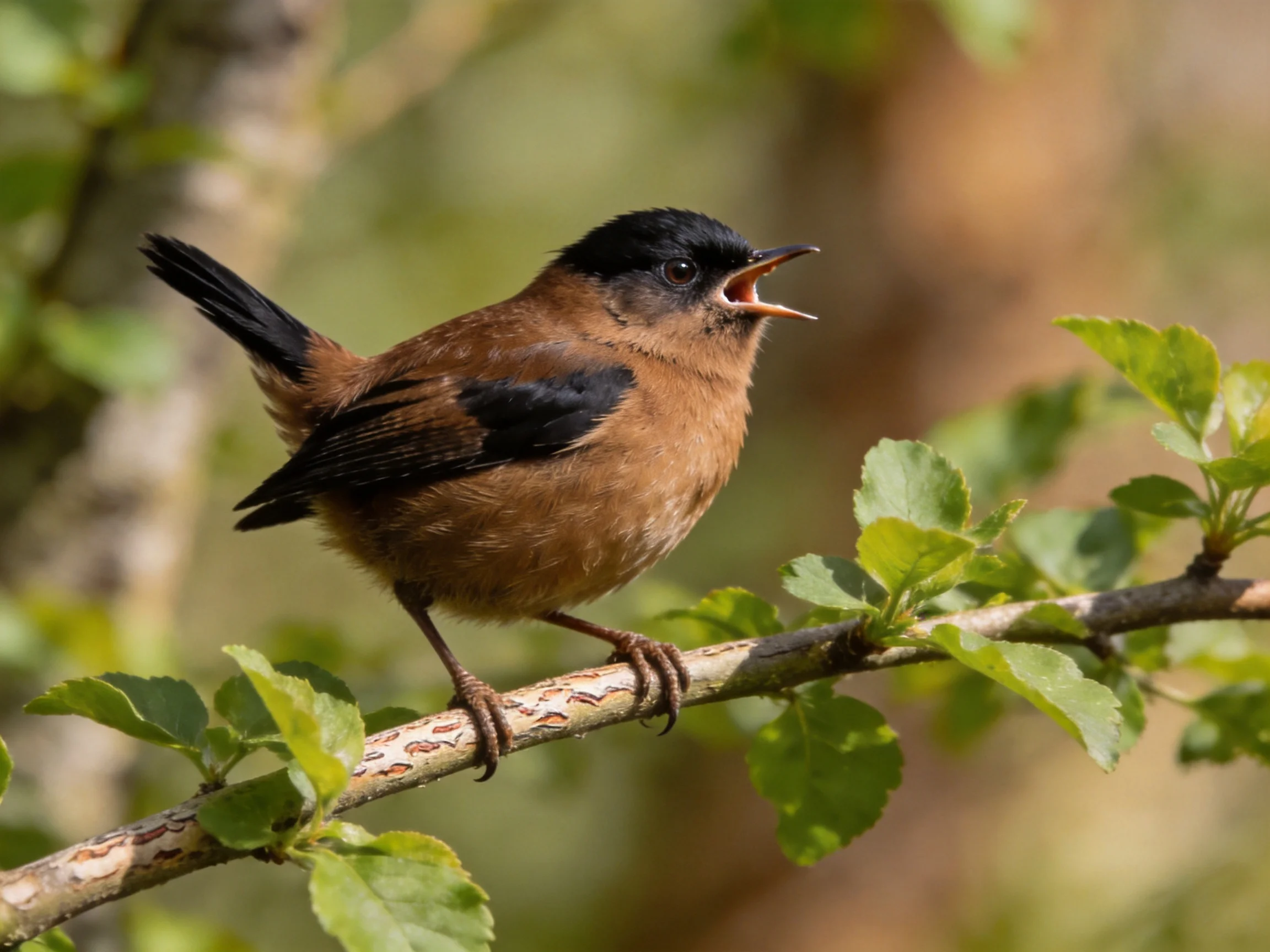 A small brown and black bird singing on a leafy branch