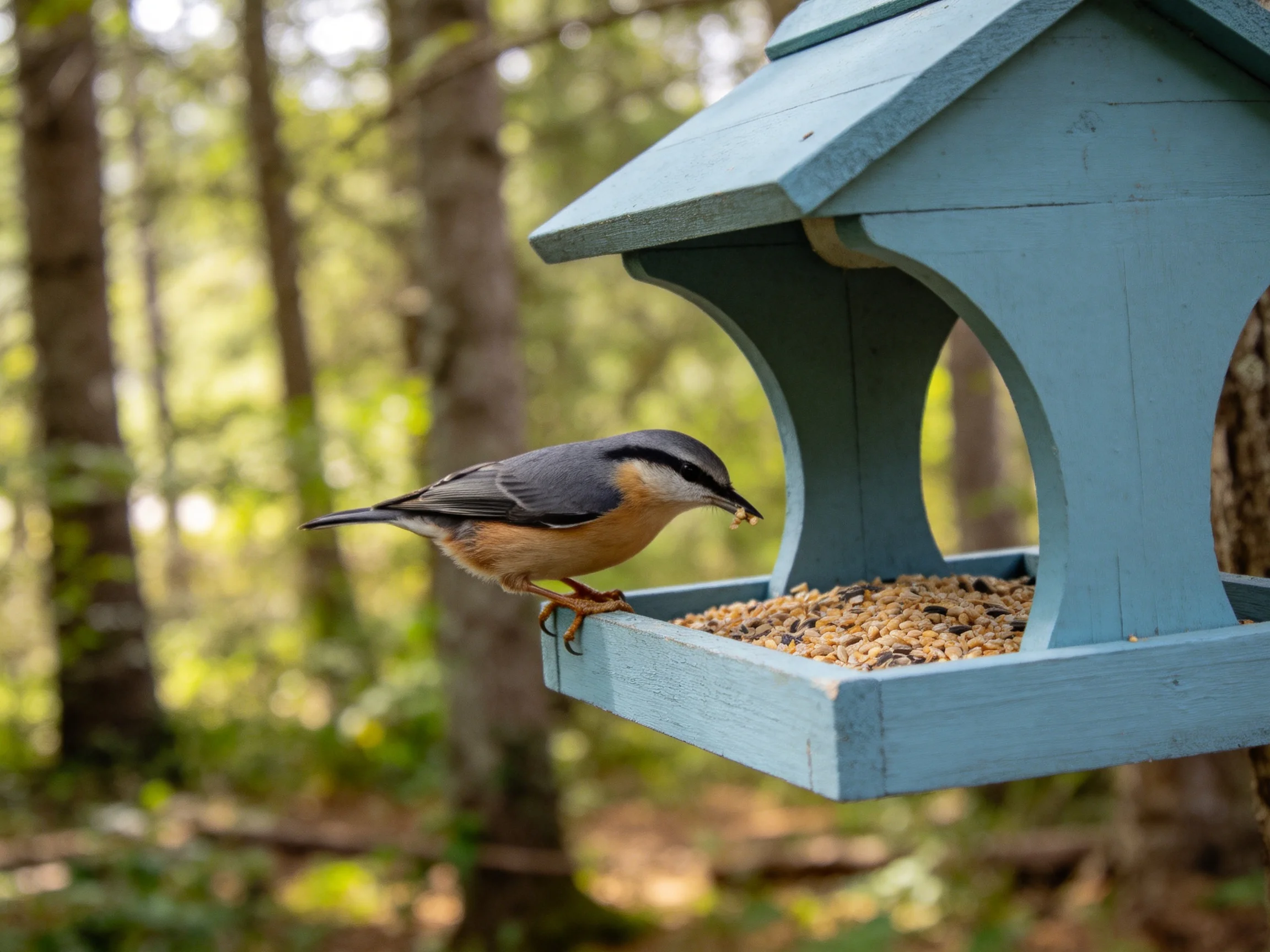 A small brown and gray bird feeding from a blue wooden bird feeder