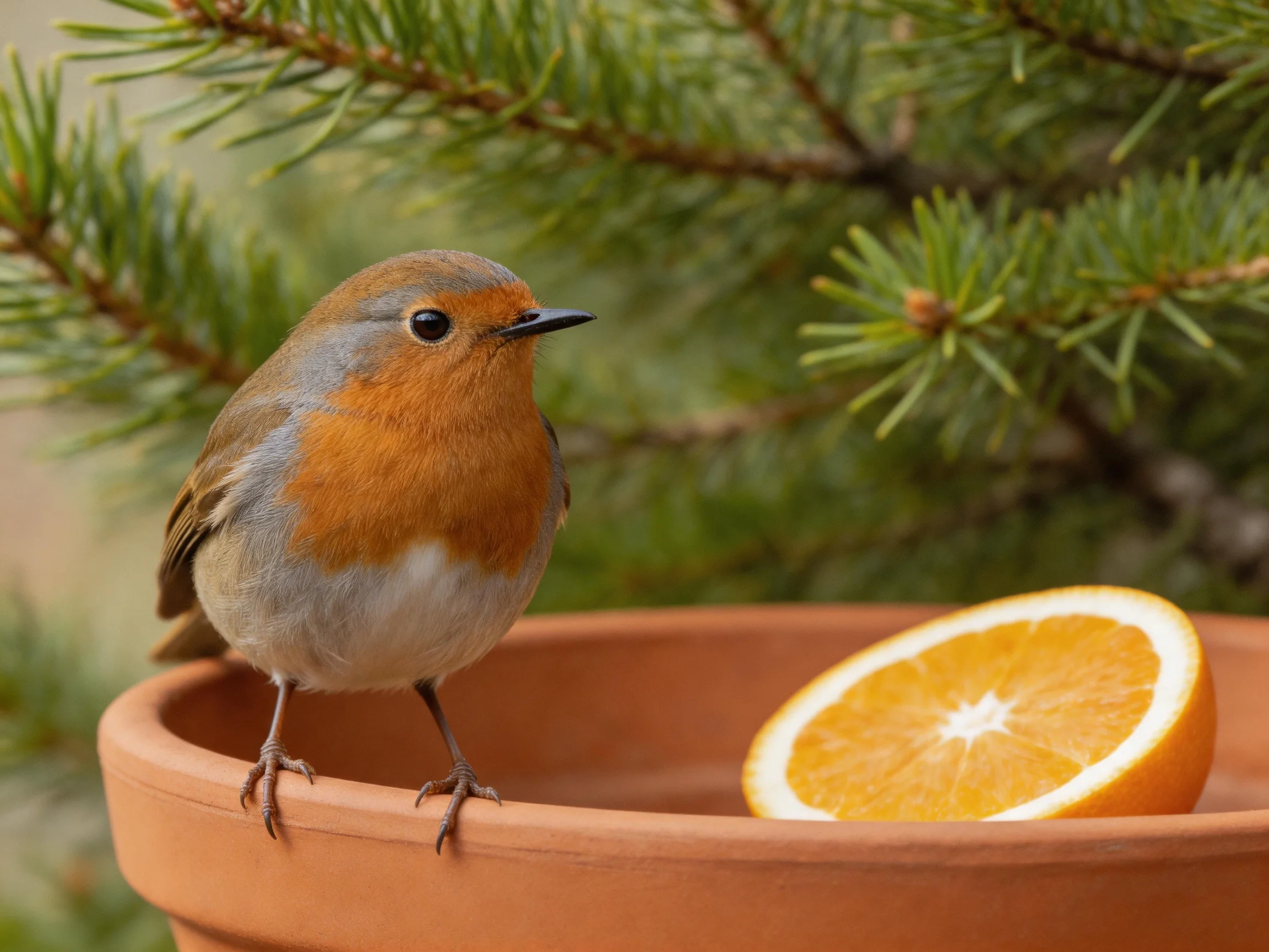 A small bird sits next to an orange slice in a pot with pine branches in the background.