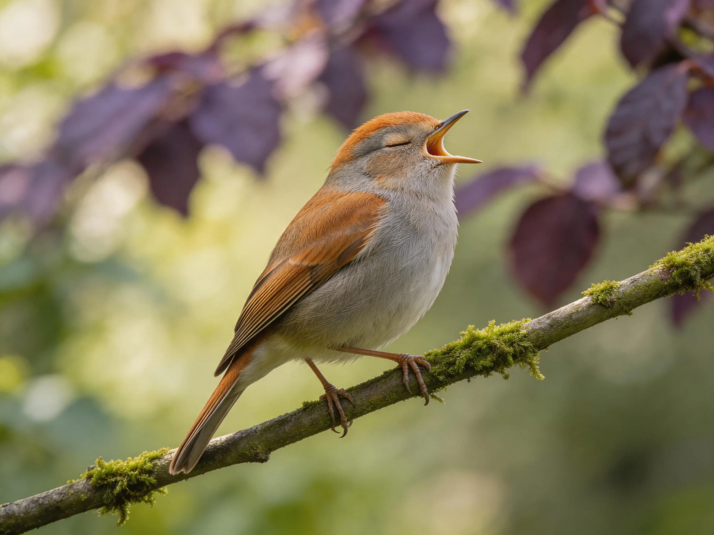 A small brown-and-gray songbird perched on a moss-covered branch