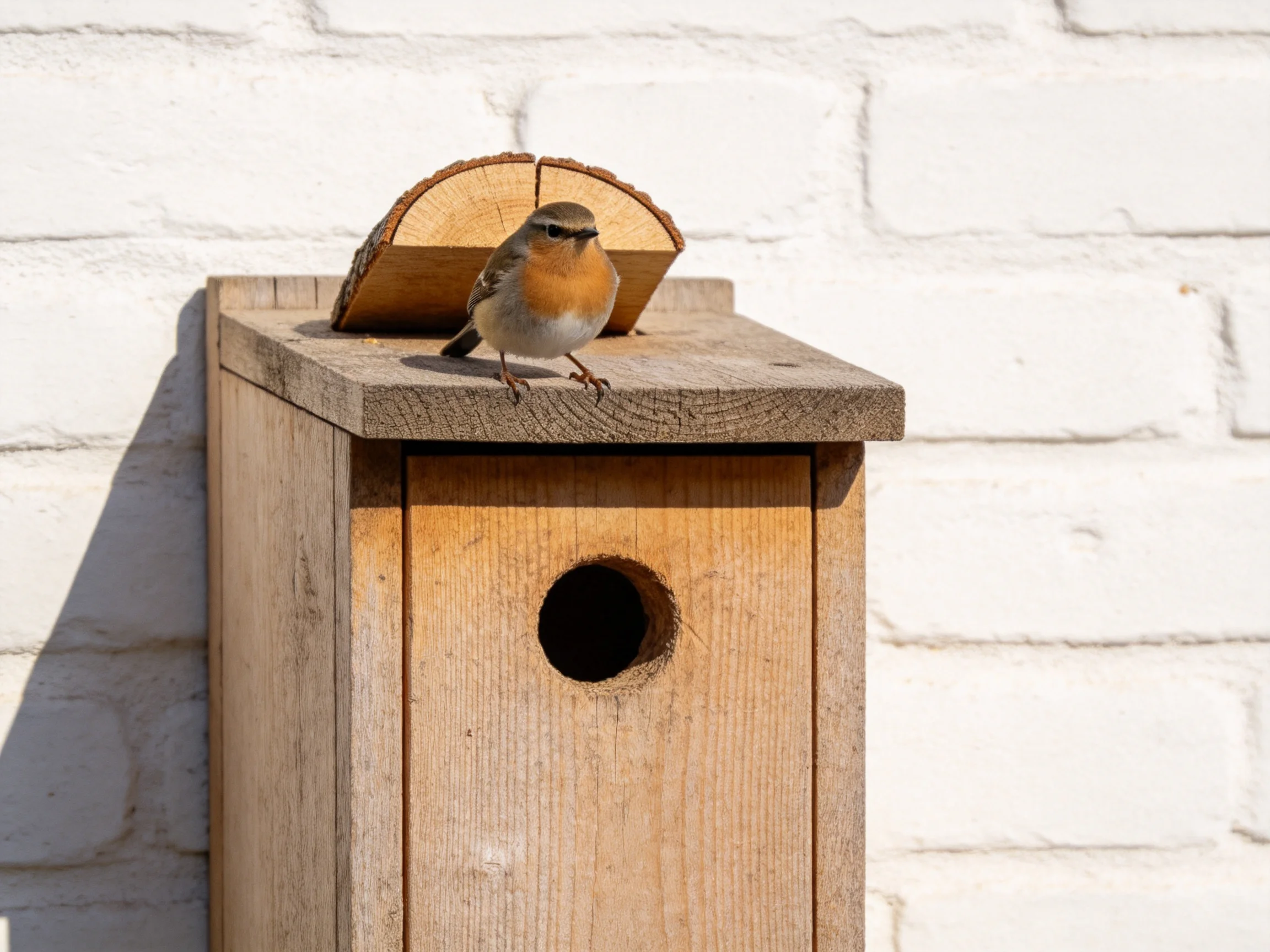 A small bird rests on a wooden birdhouse next to a white brick wall