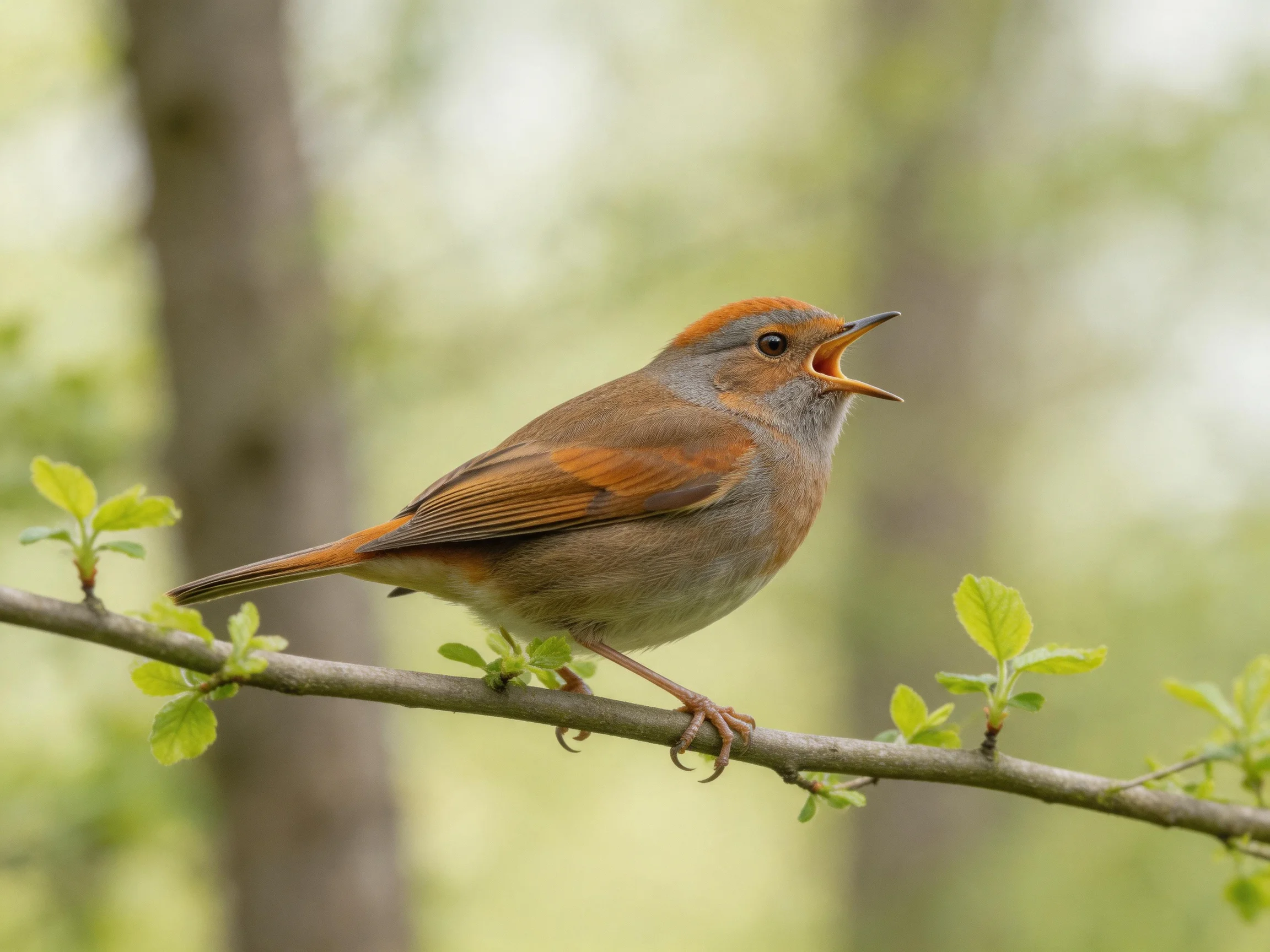 A small brown and orange songbird perched on a leafy branch