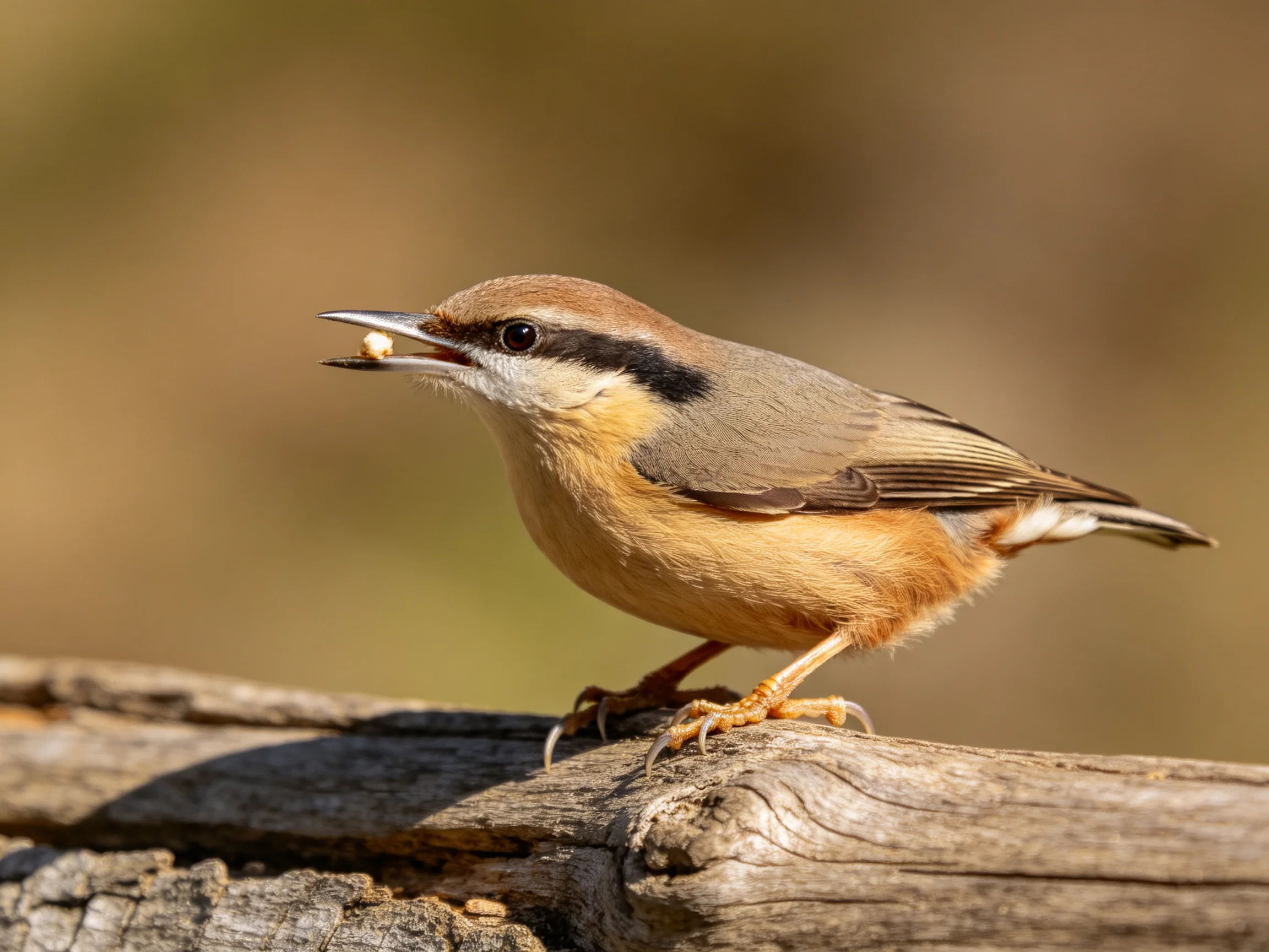A small brown and tan bird carrying food on weathered wood