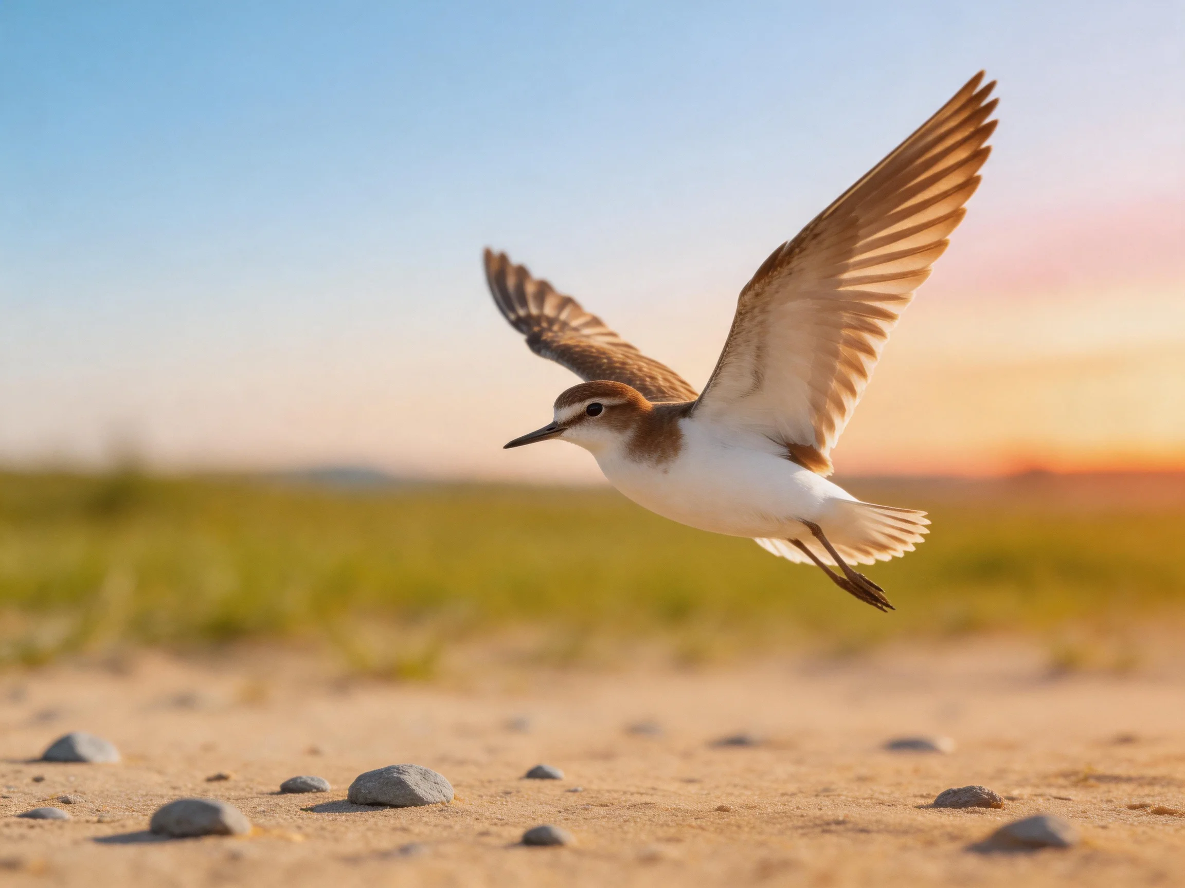 A small brown and white bird flies over rocky sandy terrain