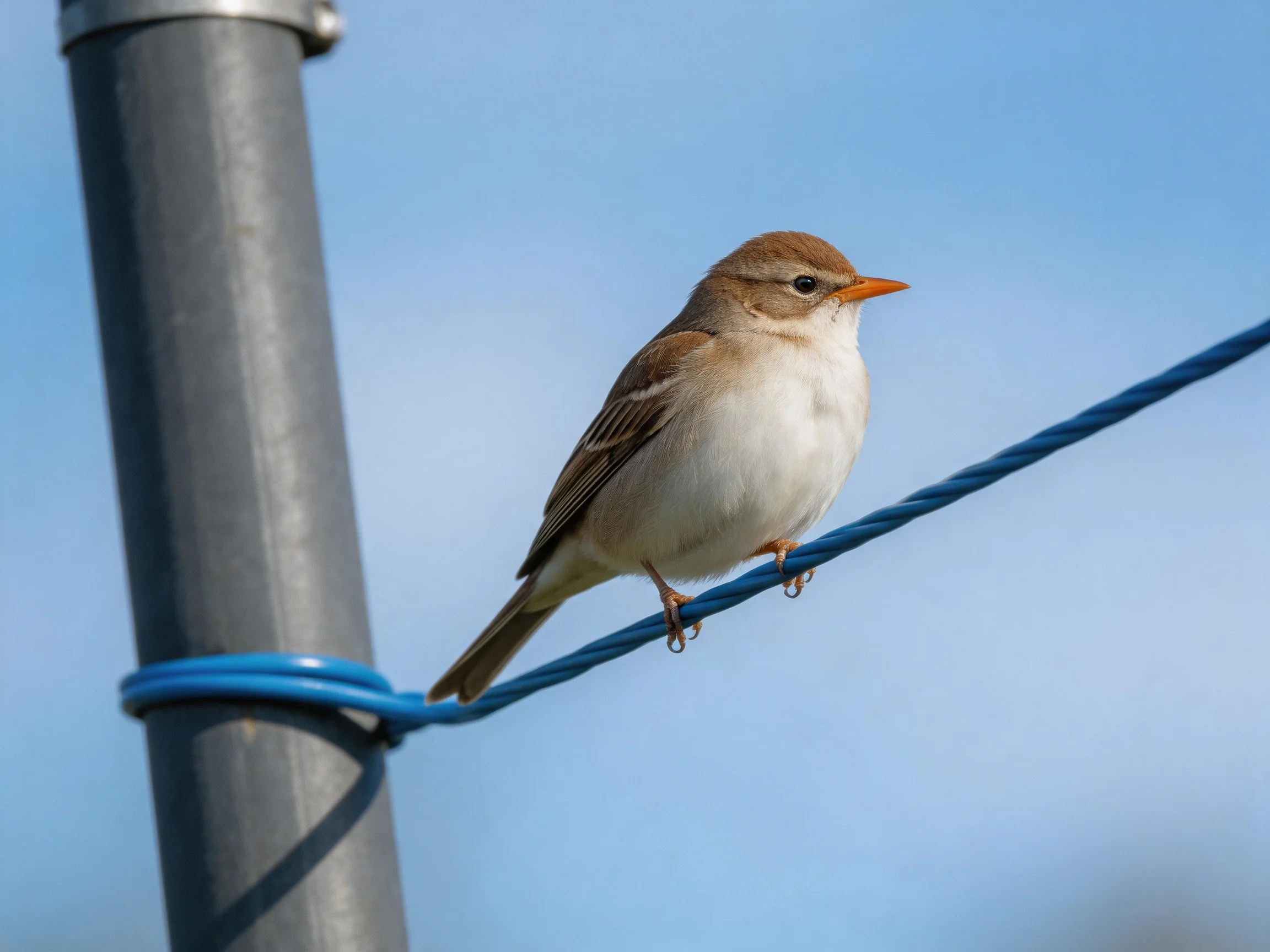 A small brown and white bird perched on a blue wire near a gray pole