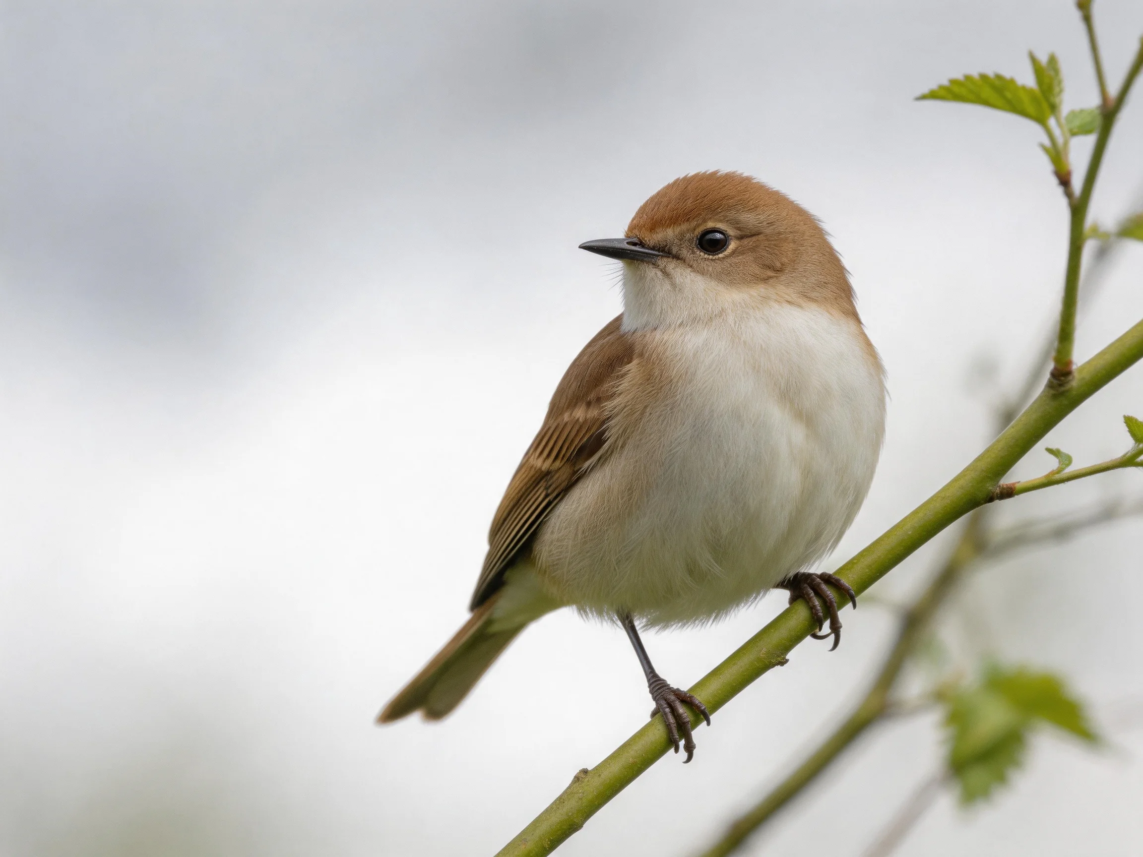 A small brown-and-white bird perched on a green branch