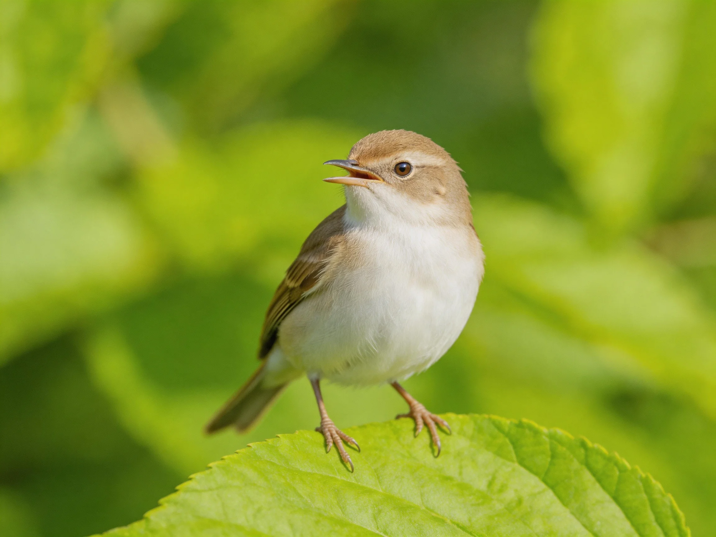 A small brown-and-white bird perched on a large green leaf