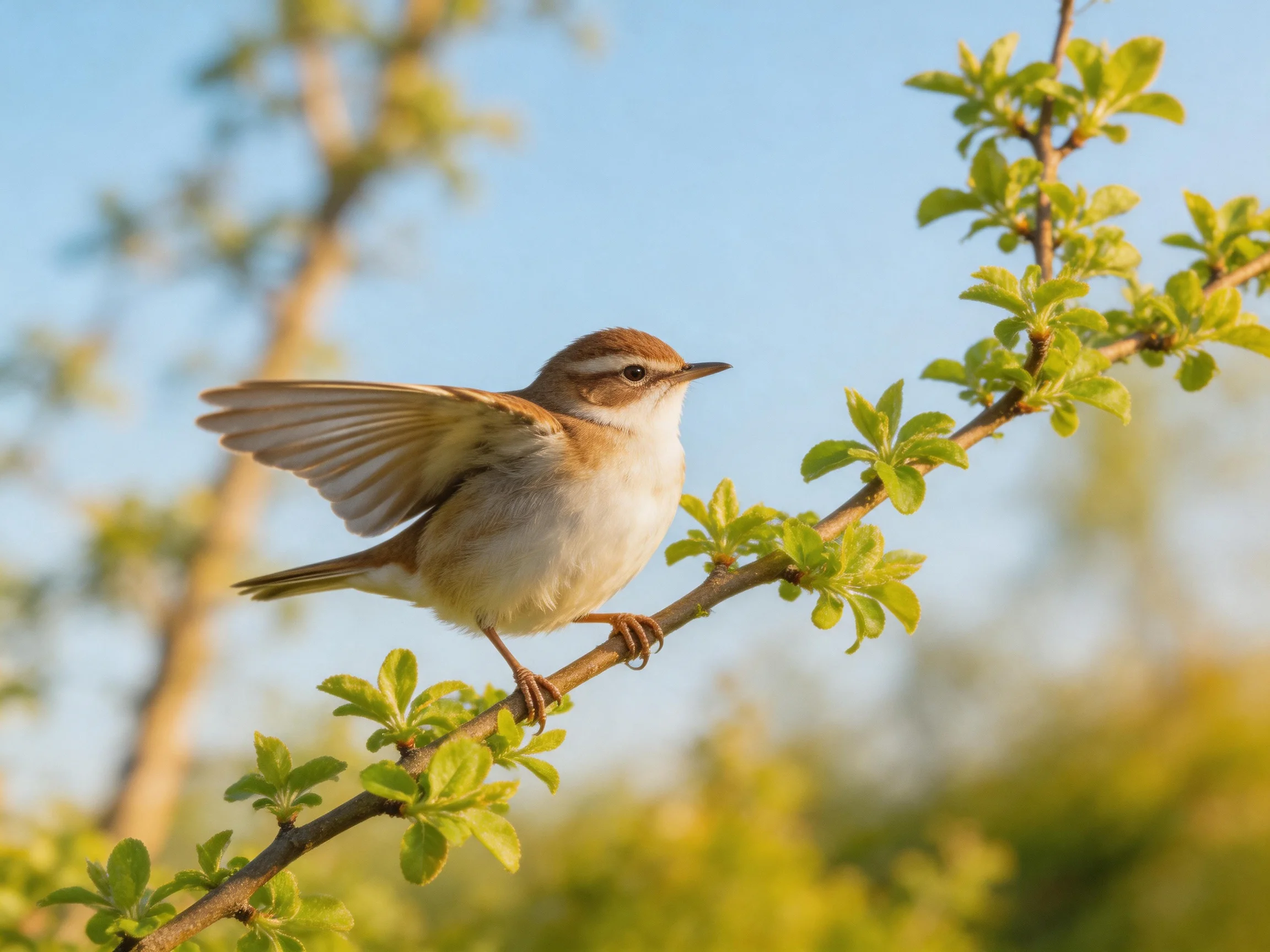 A small brown and white bird perched on a leafy branch