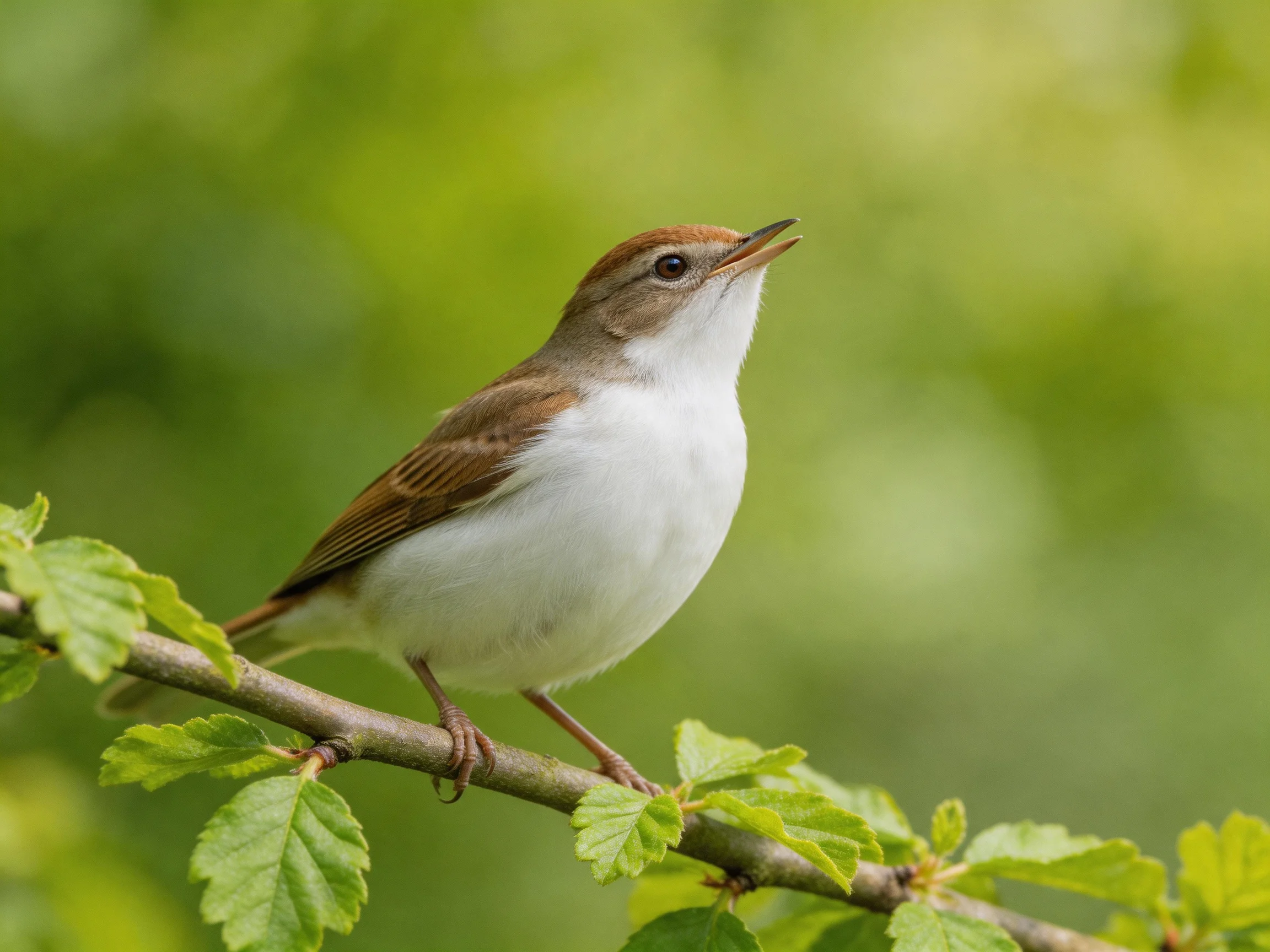 A small brown-and-white bird perched on a leafy branch