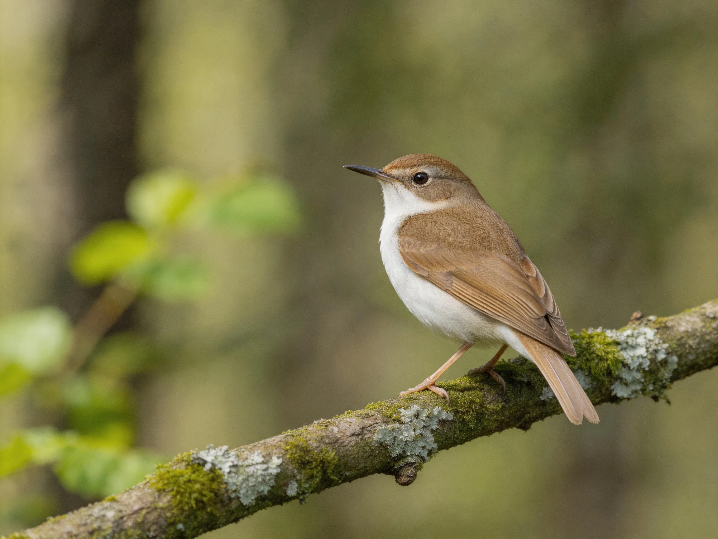 A small brown and white bird perched on a moss-covered branch
