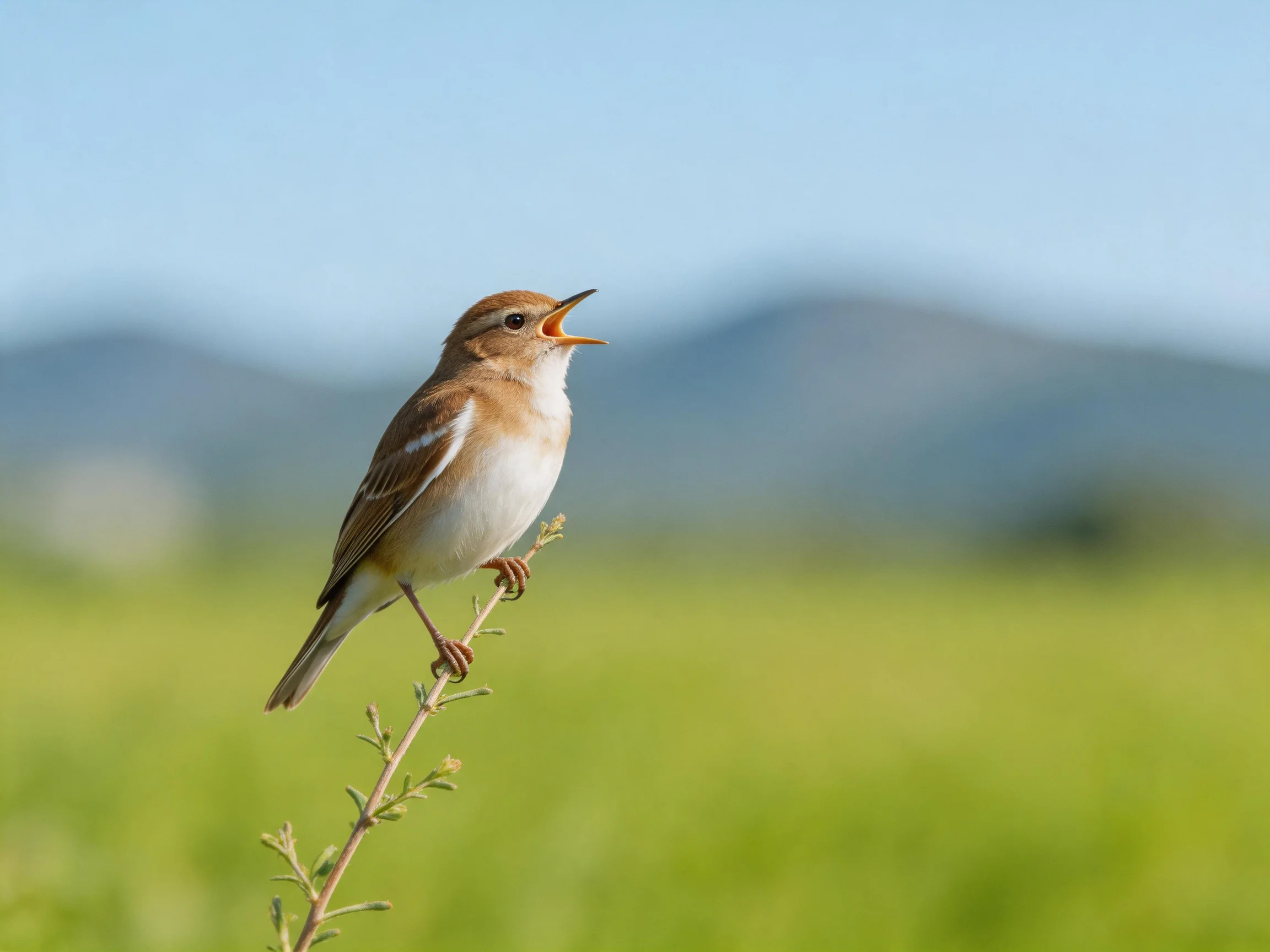 A small brown and white bird perched on a thin branch over a green meadow