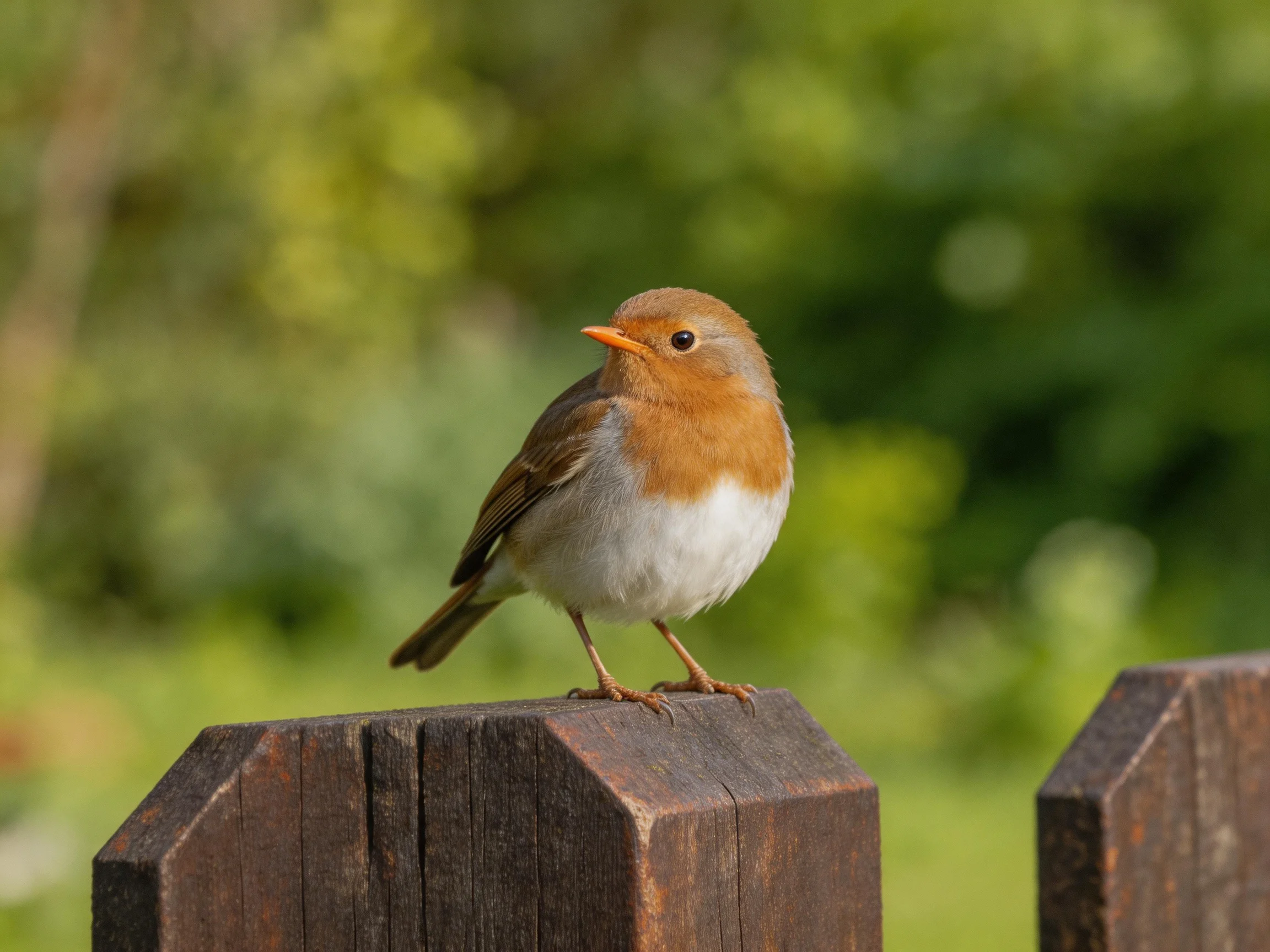 A small brown-and-white bird perched on a weathered wooden fence post