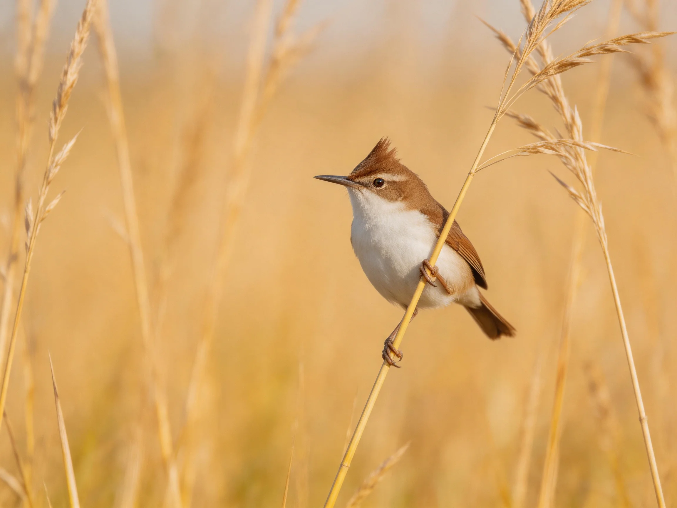 A small brown-and-white bird perched on golden reeds in a sunlit field