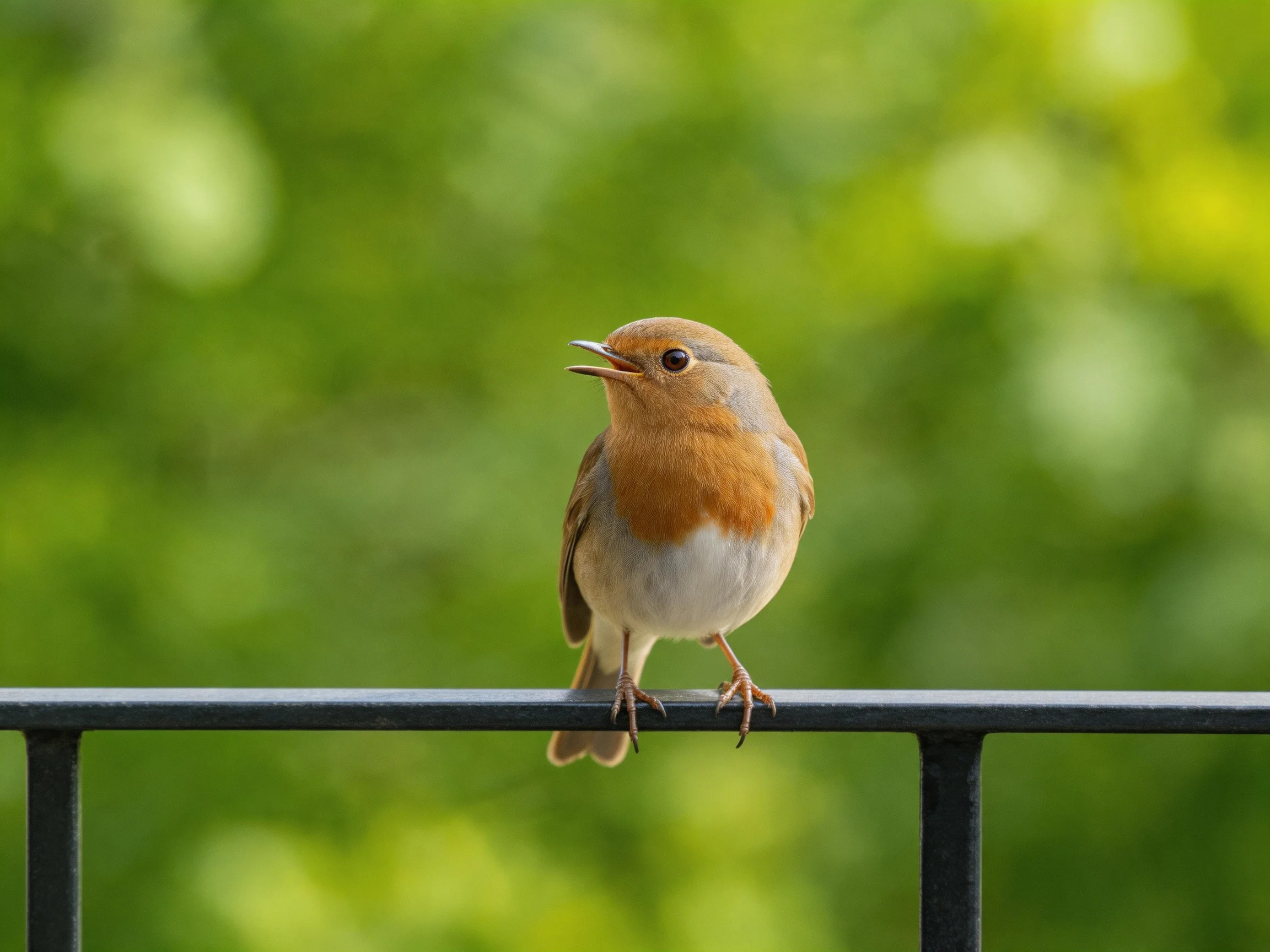 A small brown and white bird perches on a black metal railing