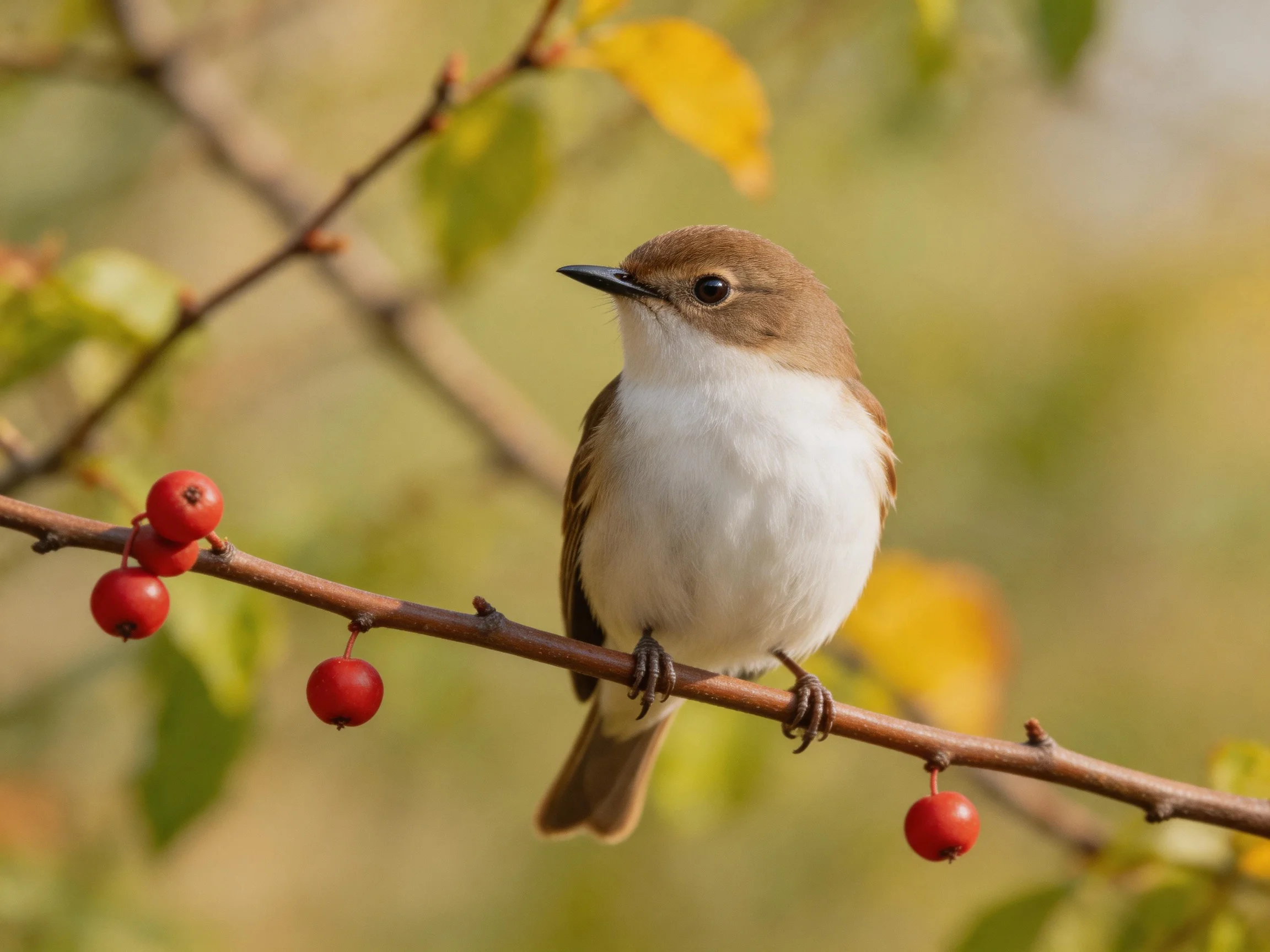 A small brown and white bird perches on a branch with red berries