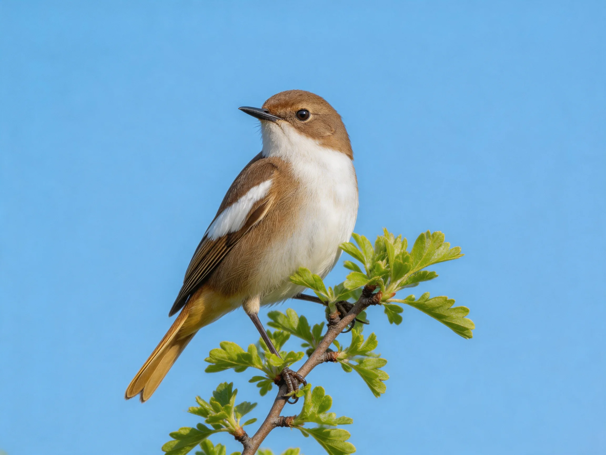 A small brown and white bird perches on a green leafy branch under clear blue sky
