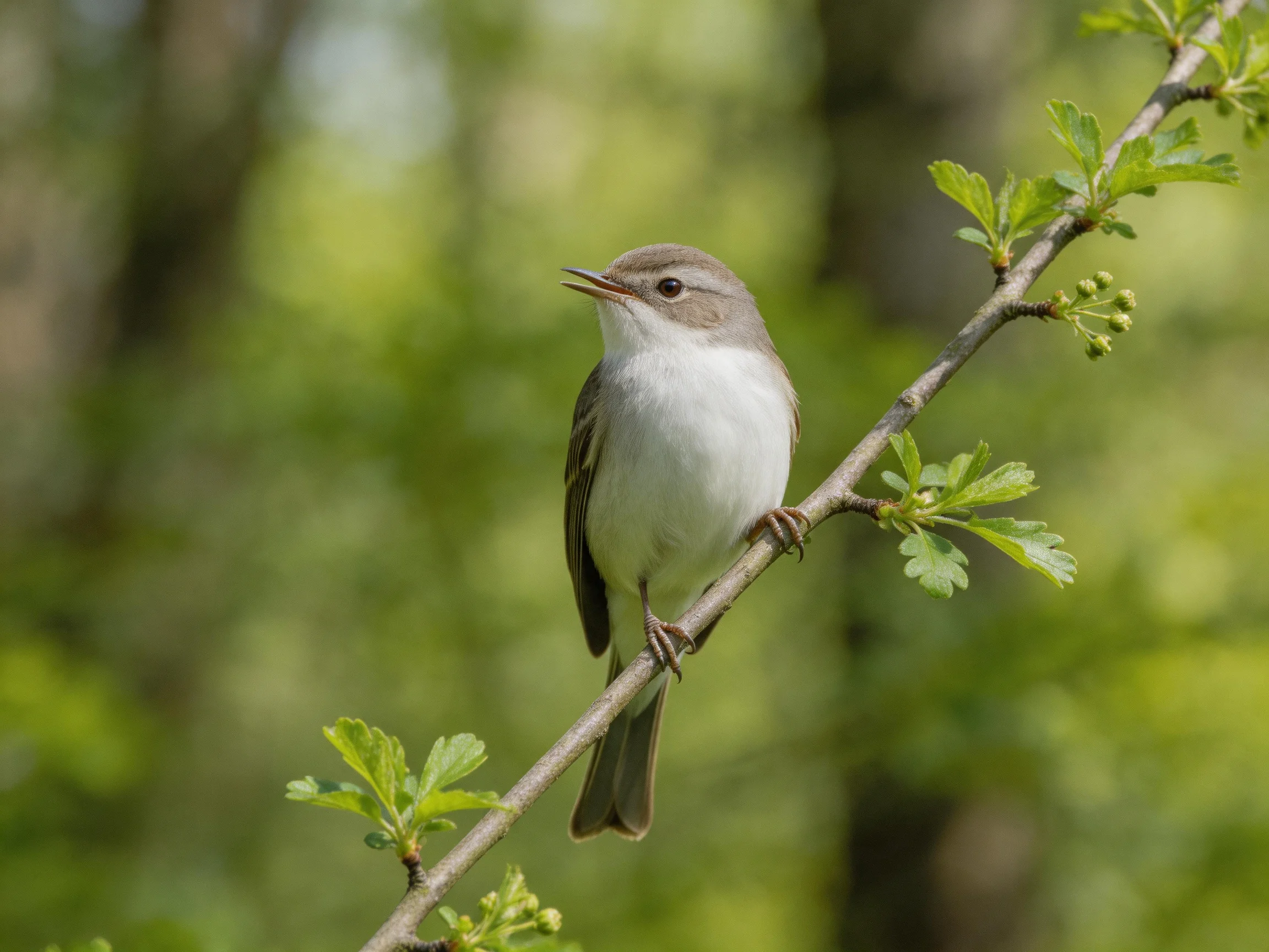 A small brown-and-white bird perches on a leafy branch