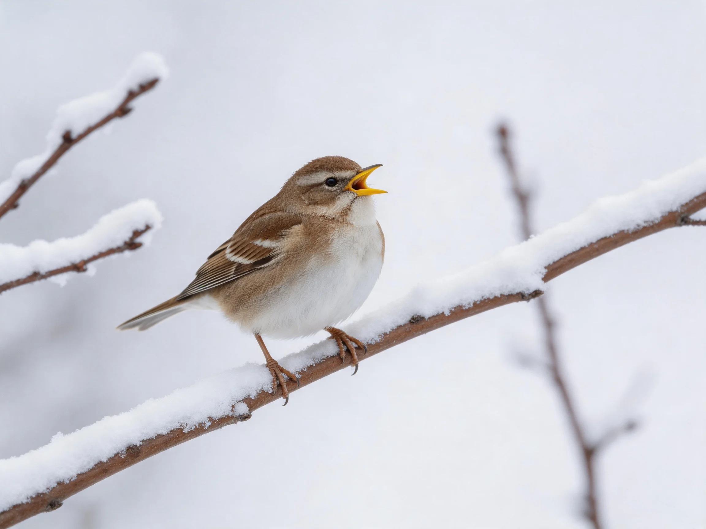 A small brown and white bird perches on a snow-dusted branch