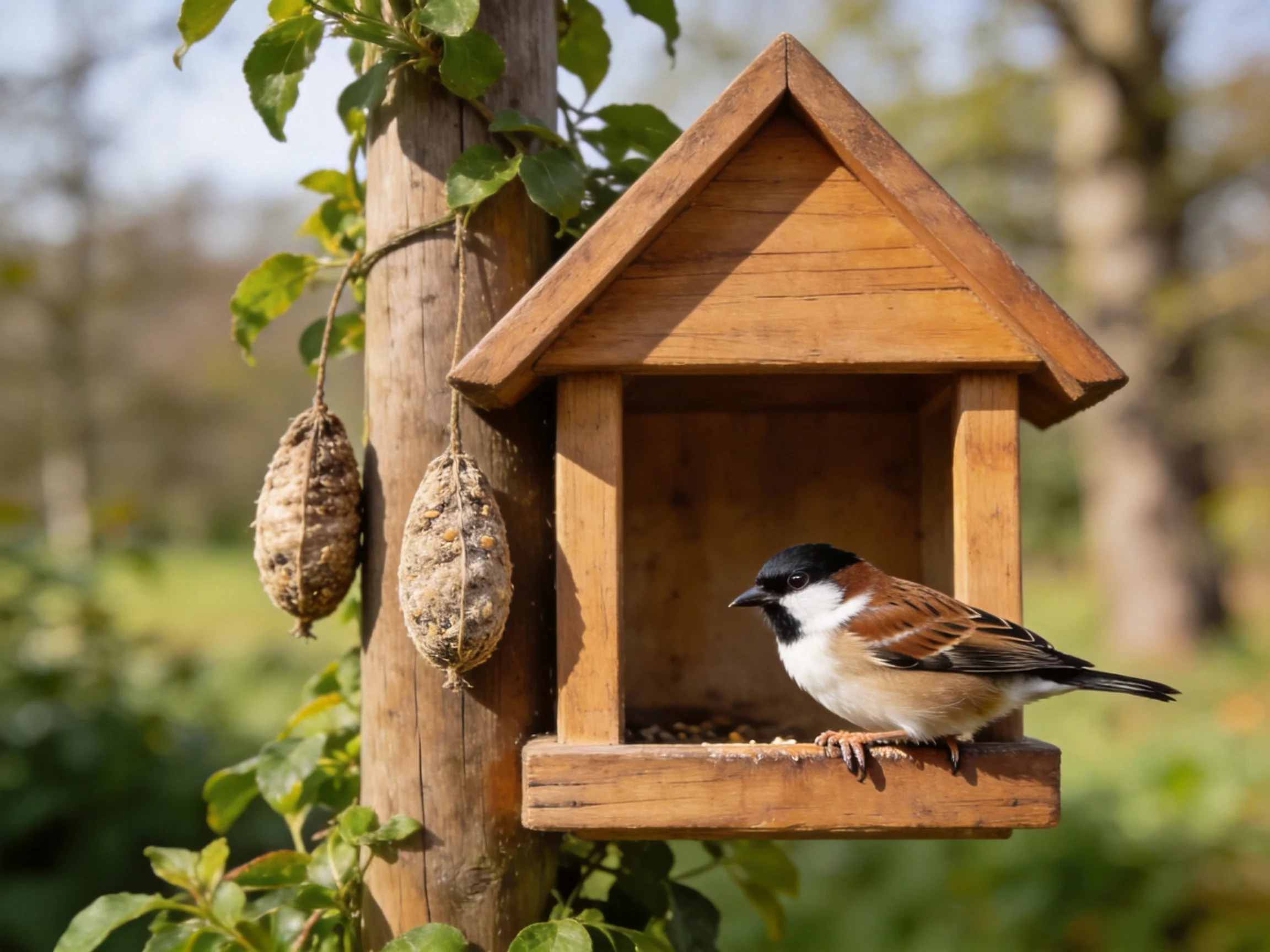A small brown and white bird perches on a wooden birdhouse with hanging seed sacks