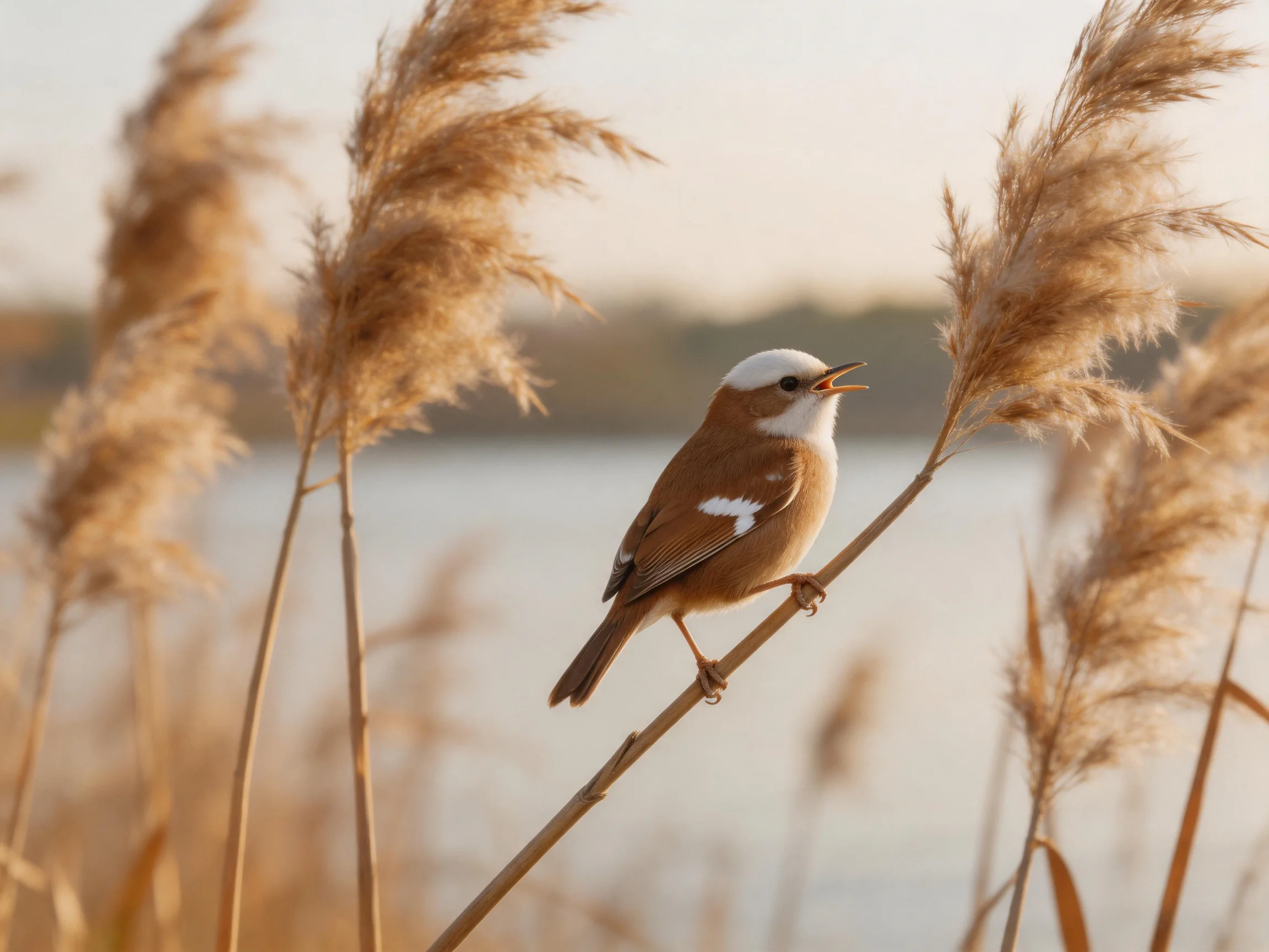A small brown and white bird perches on golden reeds by calm water