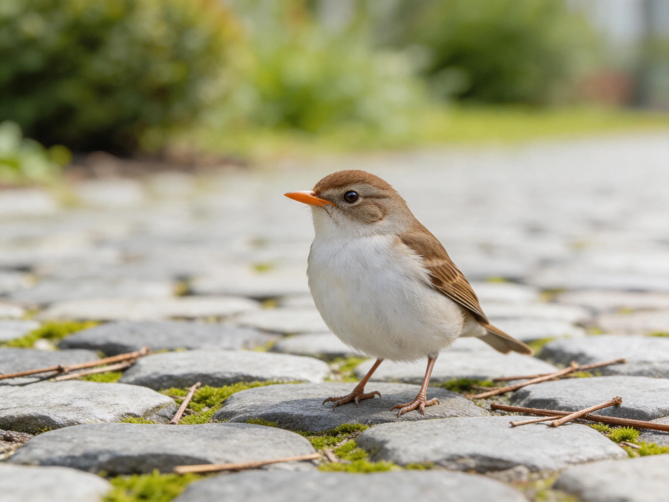A small brown and white bird stands on mossy cobblestones