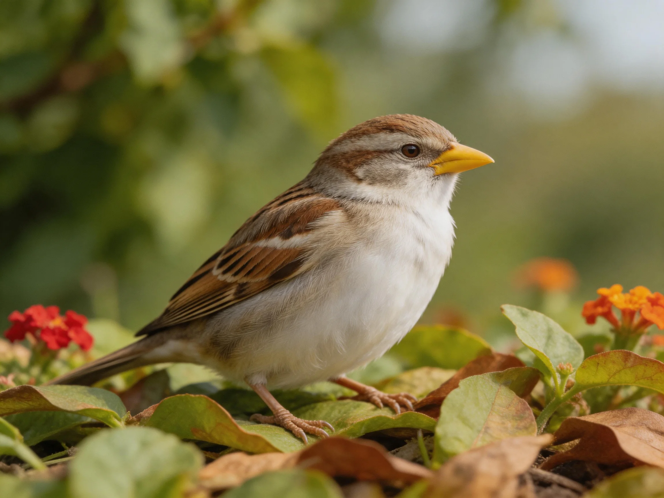 A small brown and white bird with a yellow beak stands amid green foliage and colorful flowers.