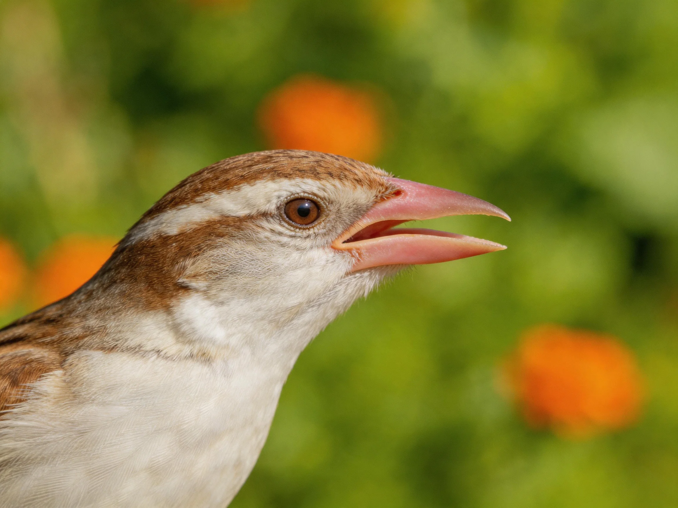 A small brown and white bird with an open beak in a blurred natural setting.