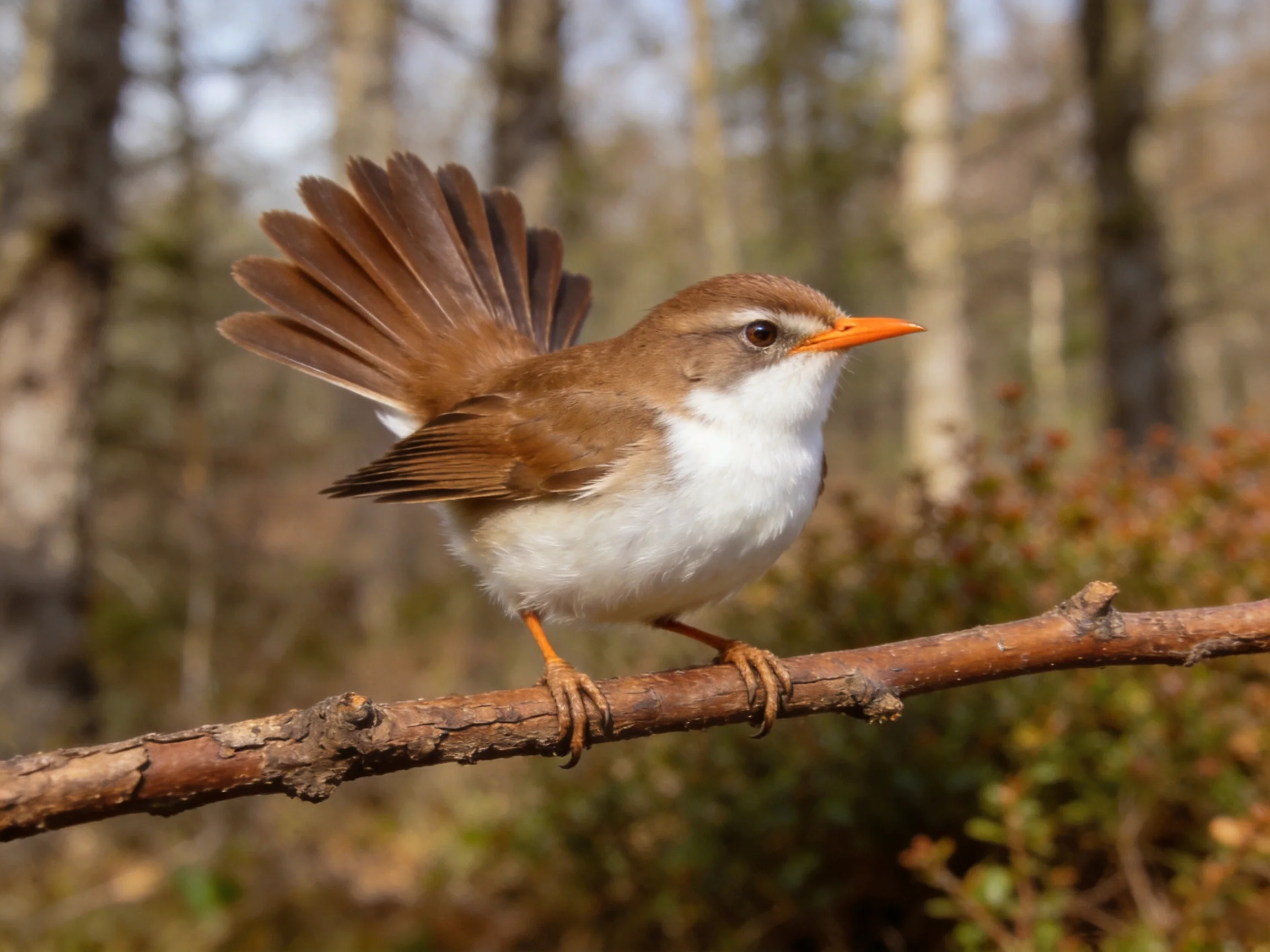A small brown and white bird with an orange beak rests on a tree branch in a wooded area.