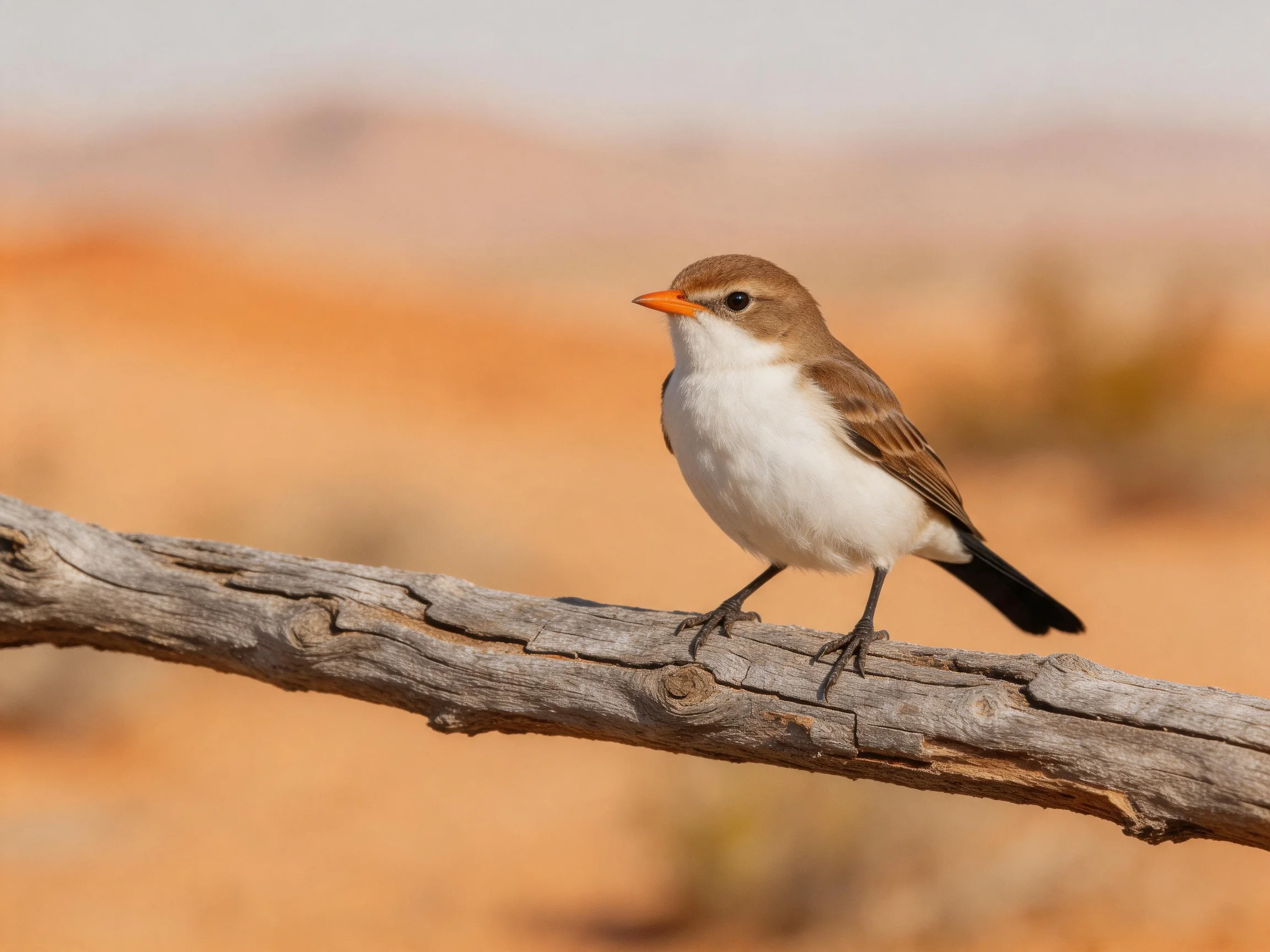 A small brown and white bird with an orange beak rests on a weathered branch in a blurred arid landscape.