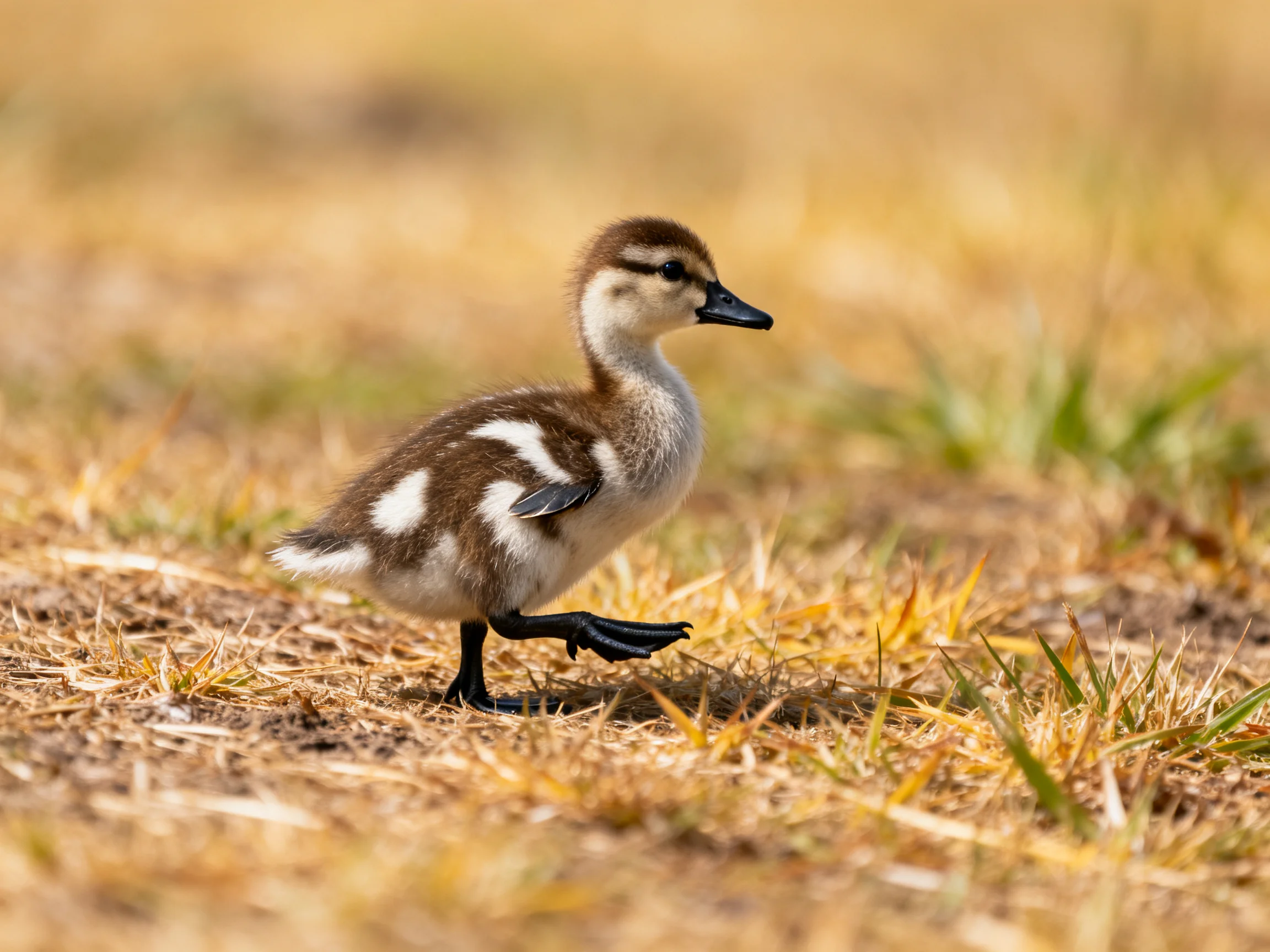 A small brown and white duckling walks on dry grass