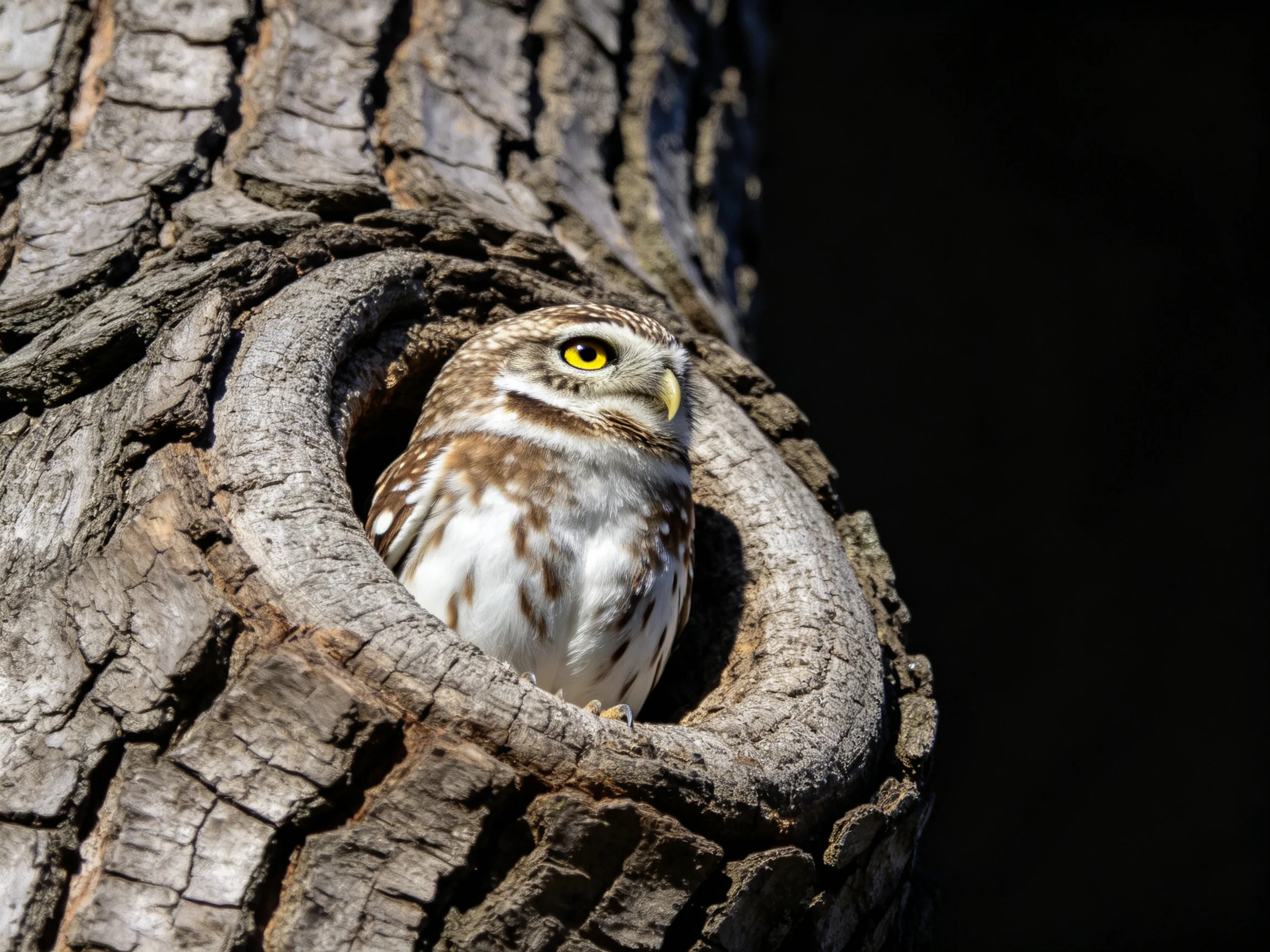 A small brown and white owl in a tree hollow