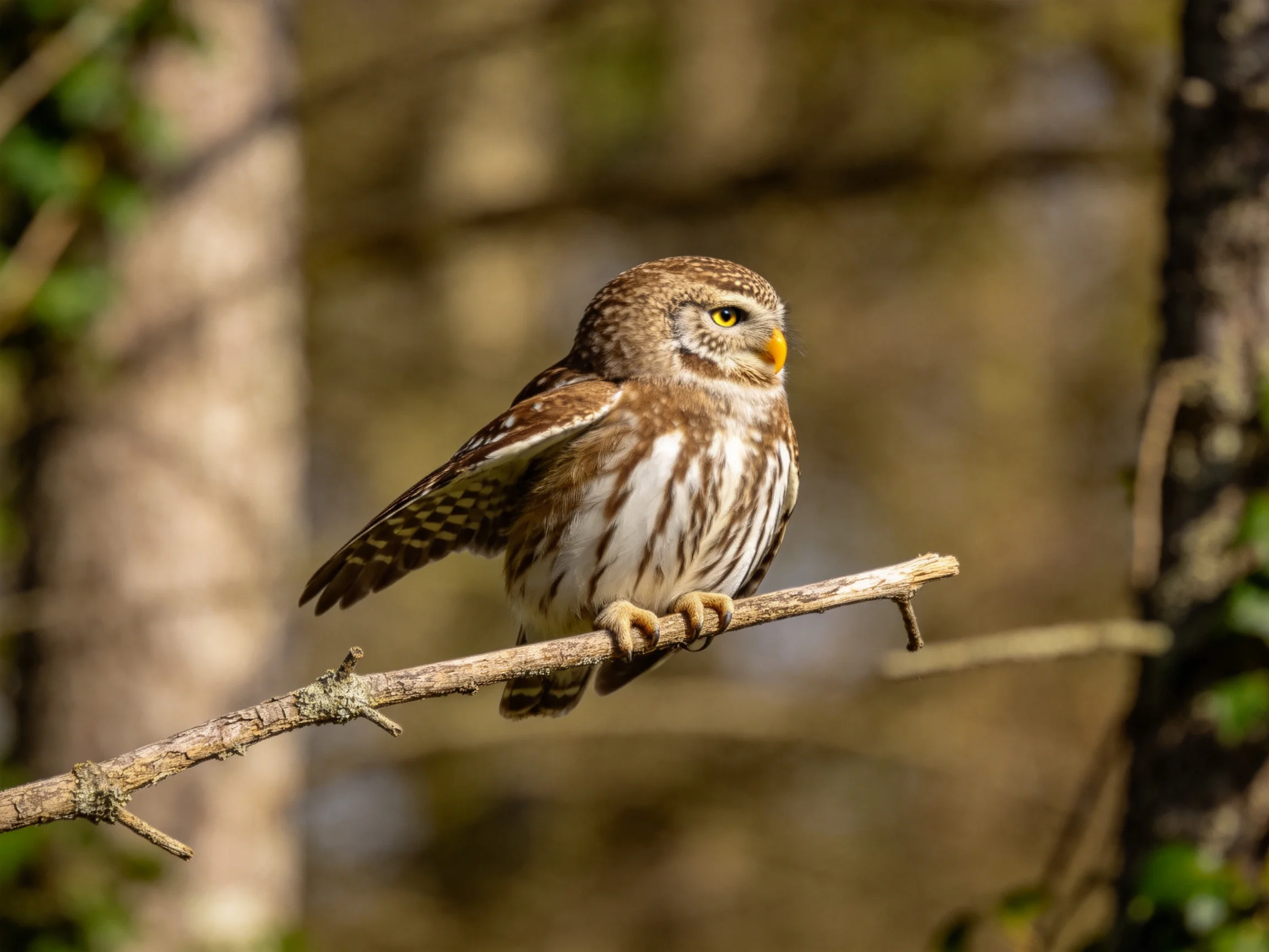 A small brown and white owl perched on a thin tree branch