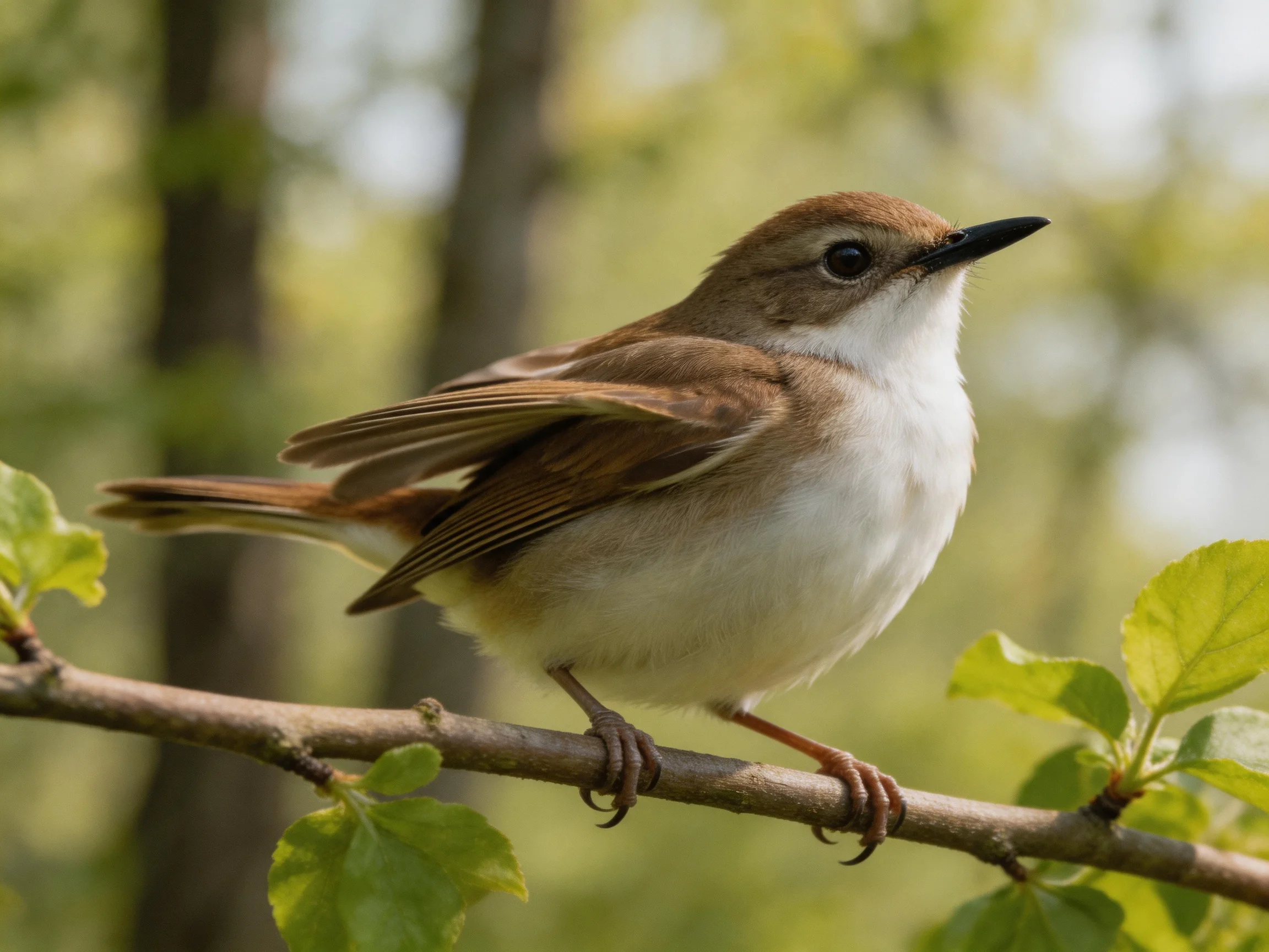 A small brown and white songbird perched on a leafy tree branch
