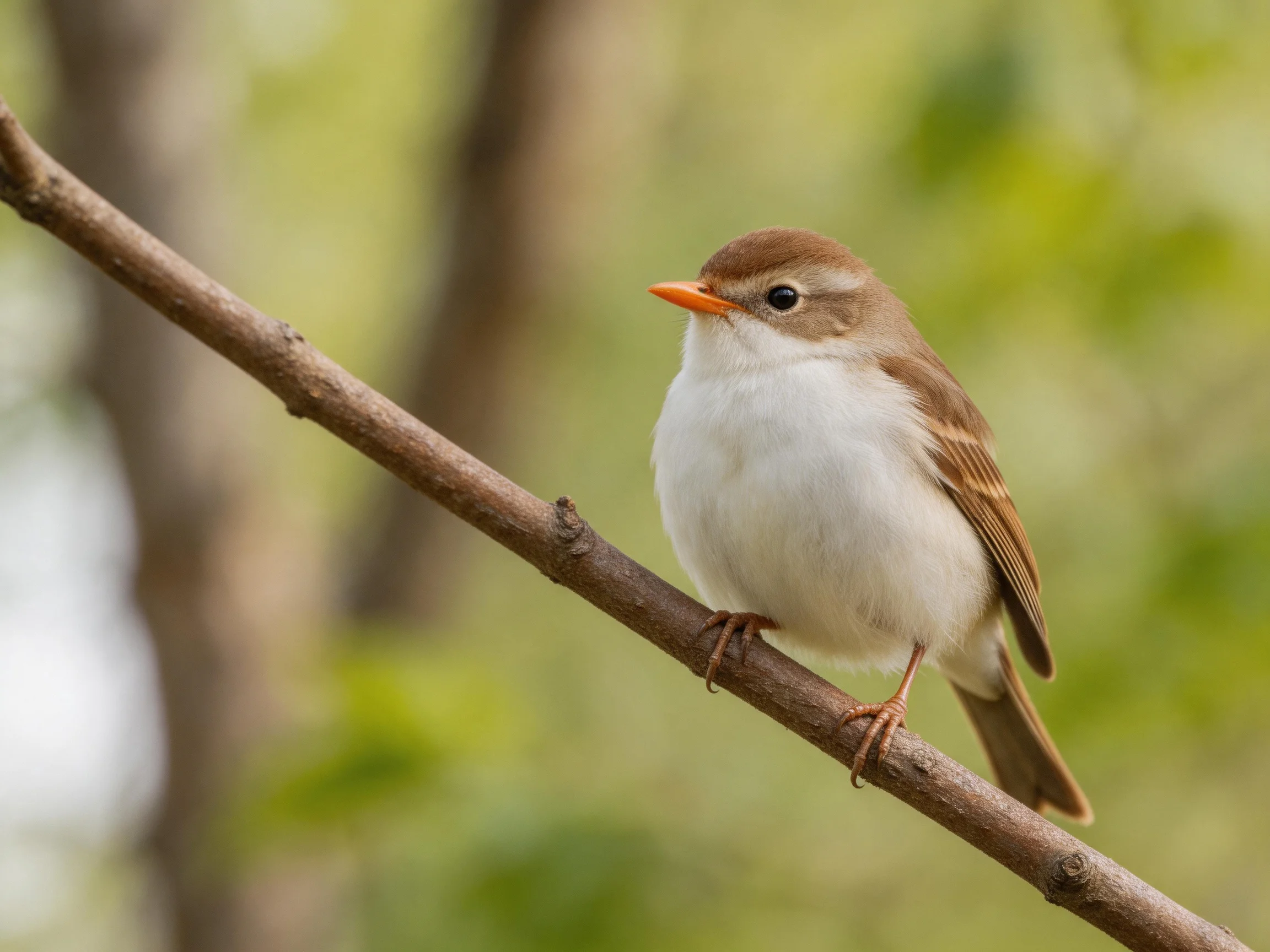 A small brown and white songbird perched on a slender branch