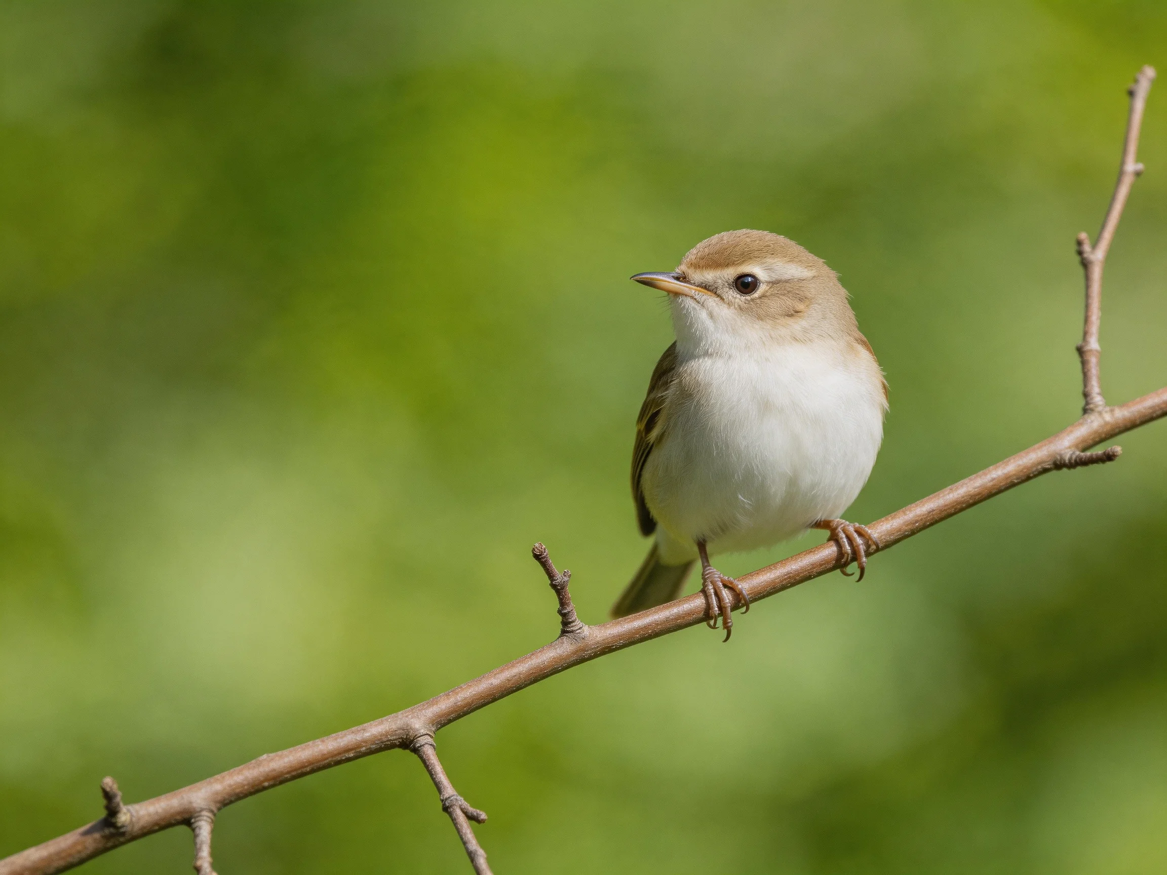 A small brown and white songbird perched on a slender tree branch