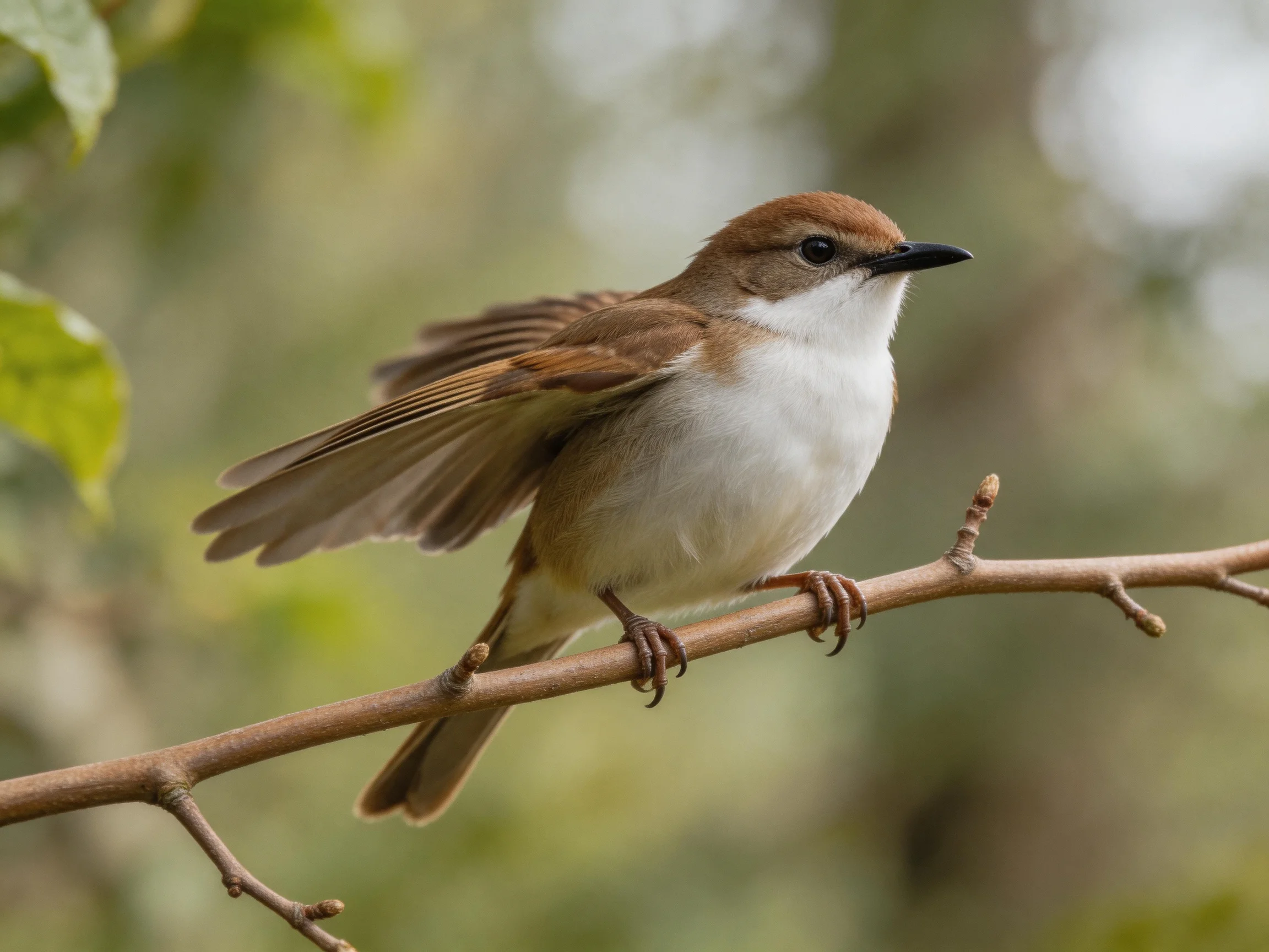 A small brown-and-white songbird perched on a thin branch
