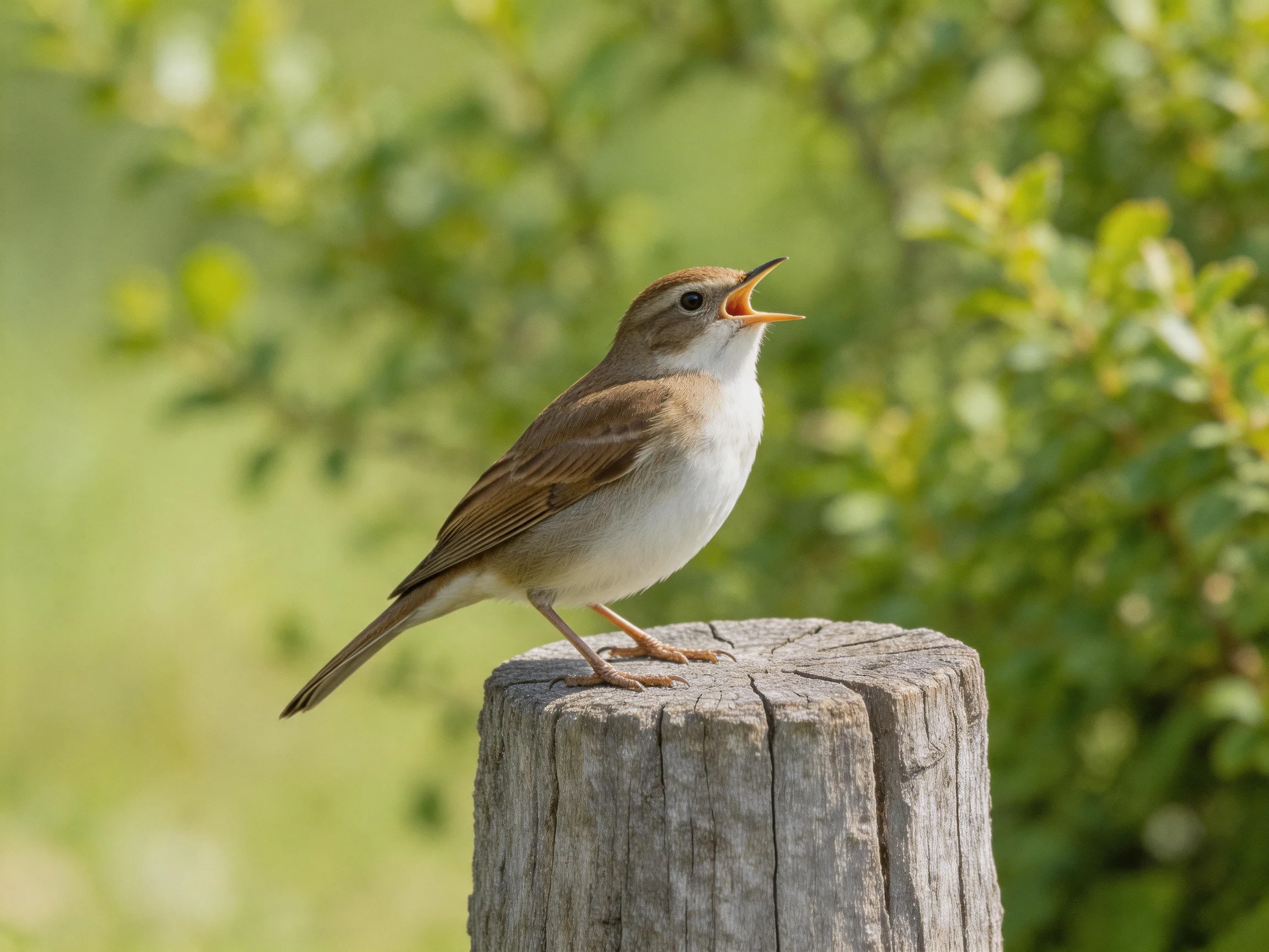 A small brown and white songbird perched on a weathered wooden post