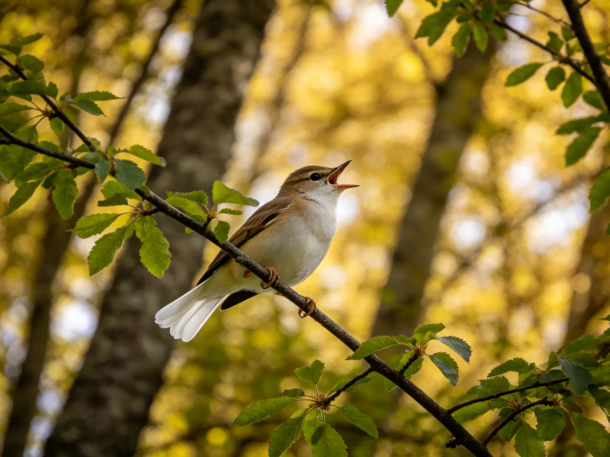 A small bird sings while perched on a leafy branch in a sunlit forest.