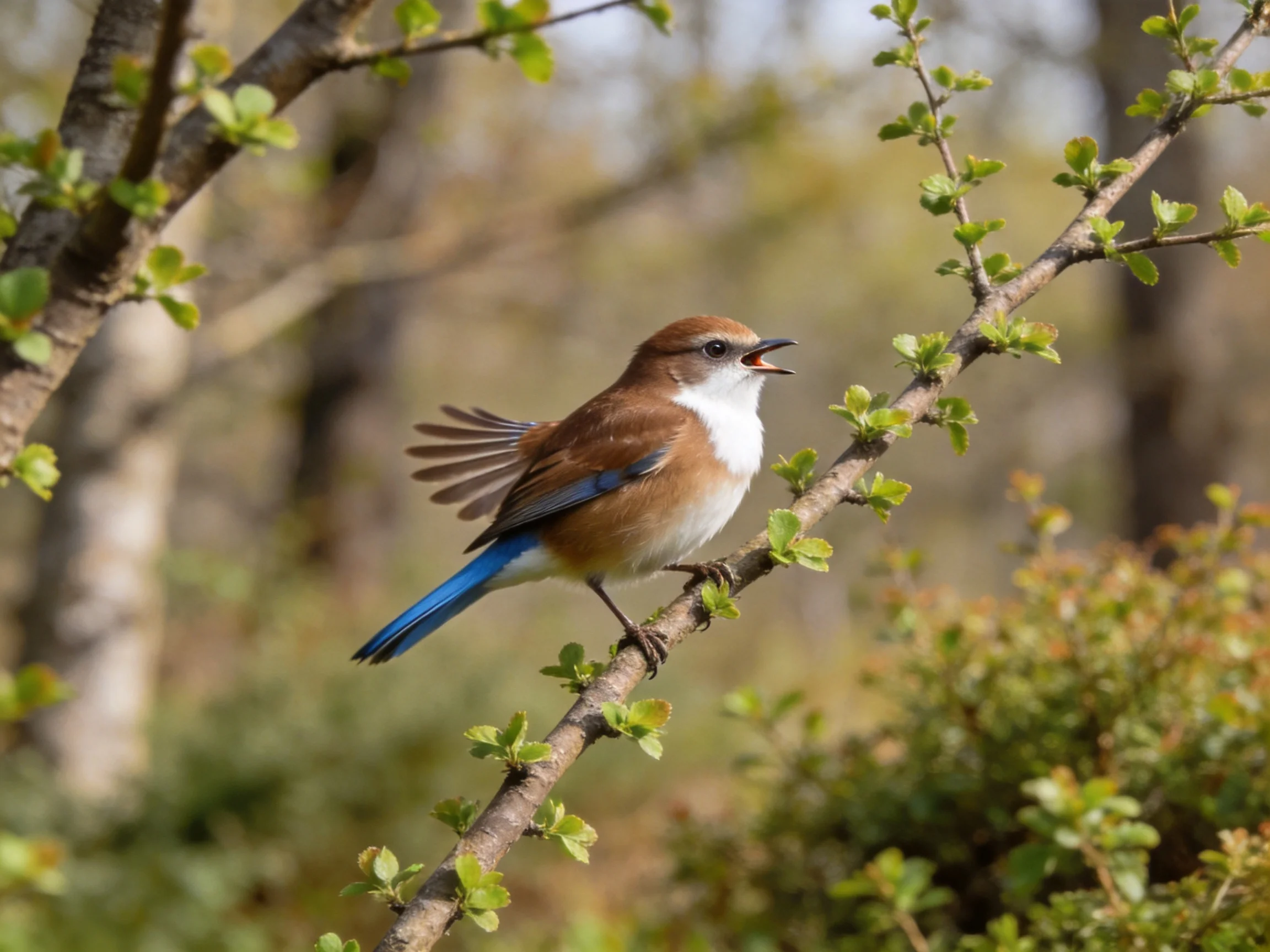 A small brown and white songbird with blue tail perches on thin branch