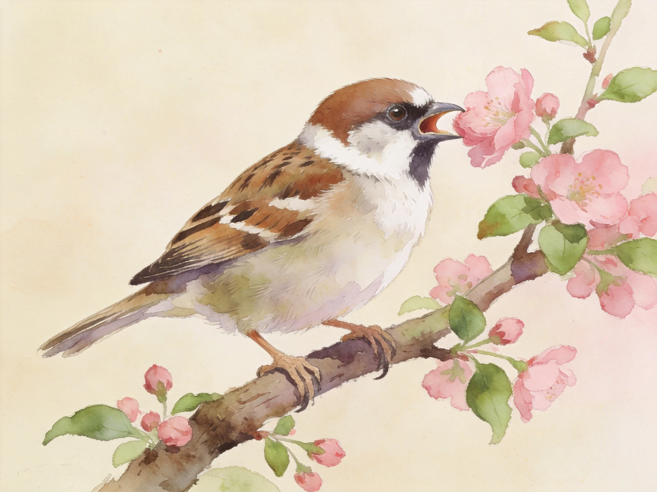 A small brown and white sparrow feeding from pink blossoms on a flowering branch