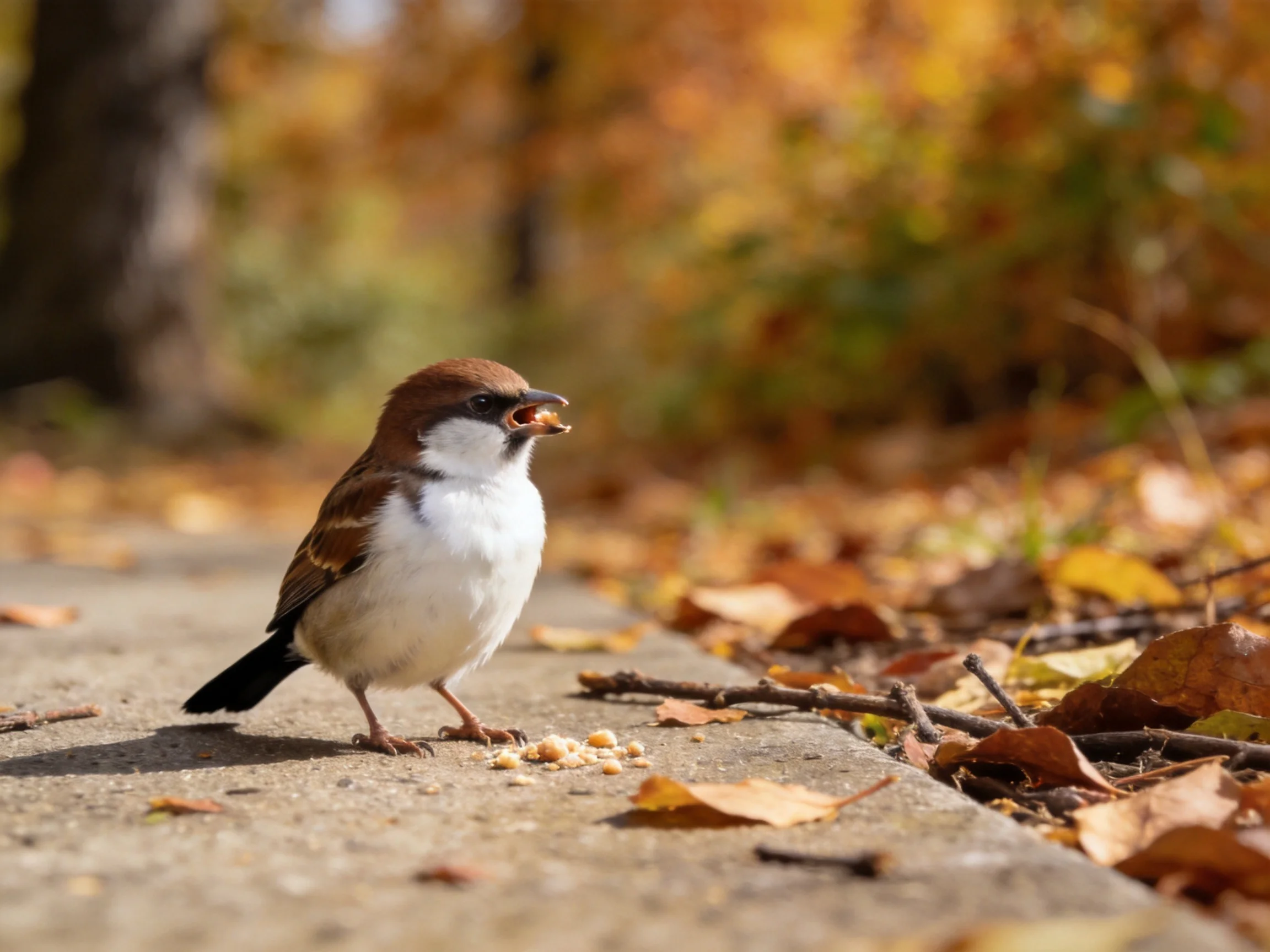 A small brown and white sparrow foraging among autumn leaves