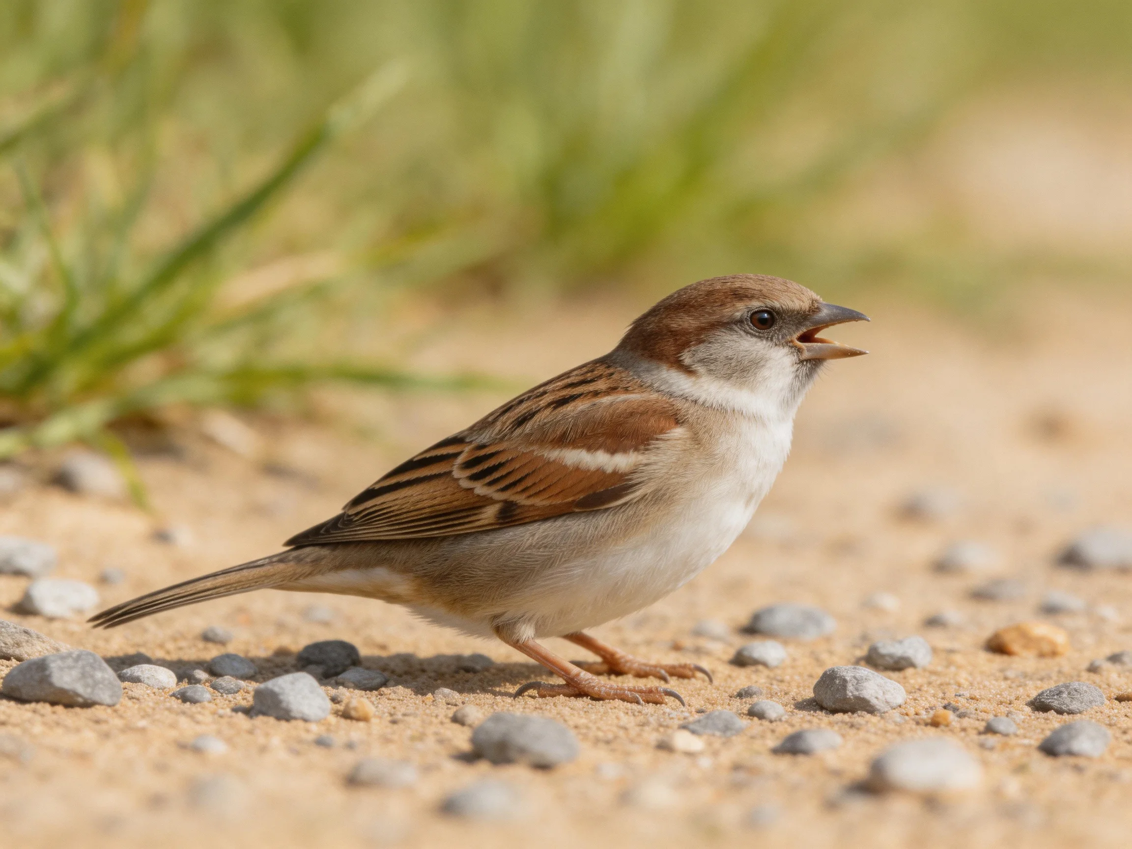 A small brown and white sparrow on a gravel path near greenery