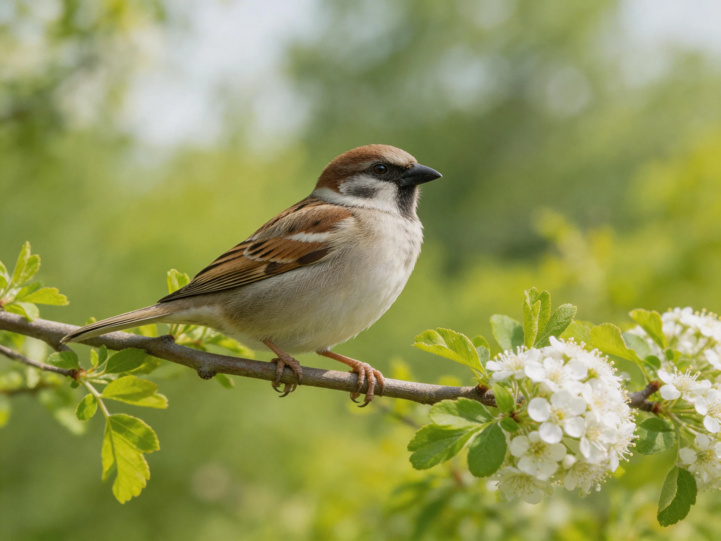 A small brown and white sparrow perched on a flowering branch