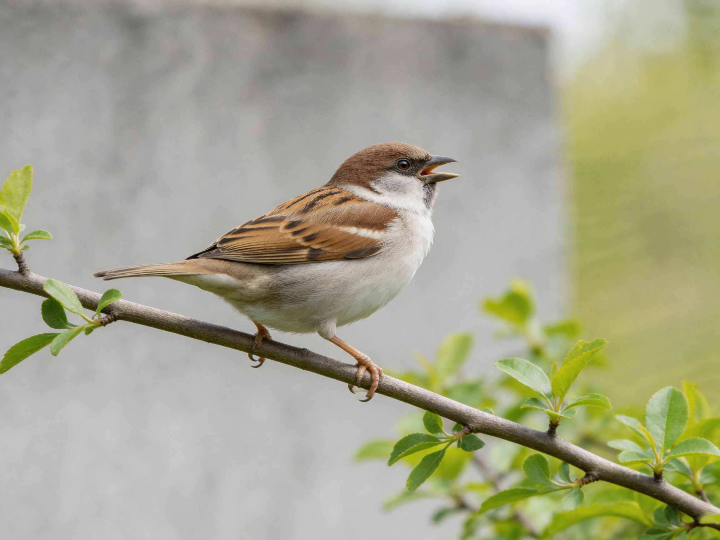A small brown and white sparrow perched on a leafy branch