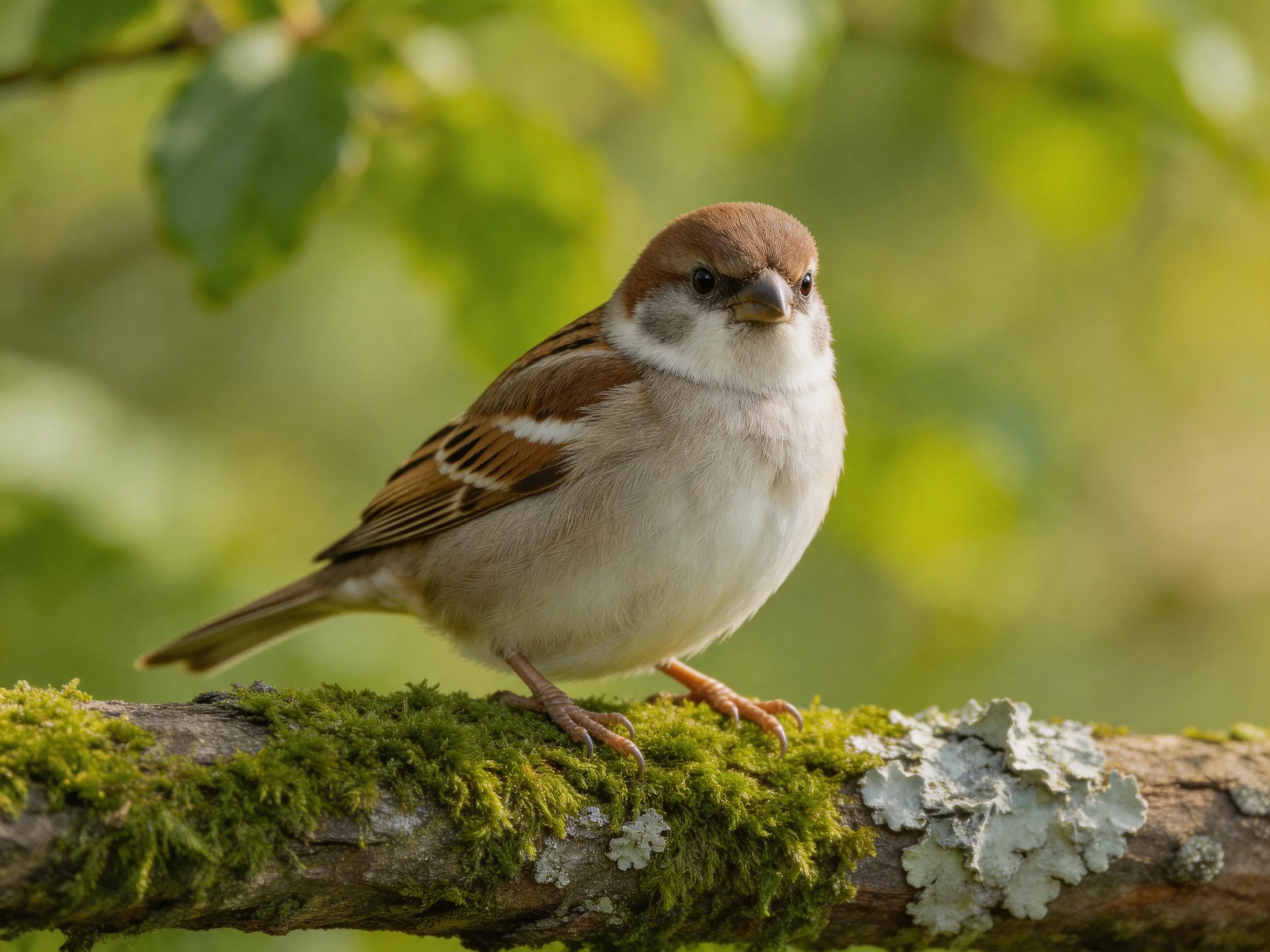 A small brown-and-white sparrow perched on a moss-covered branch